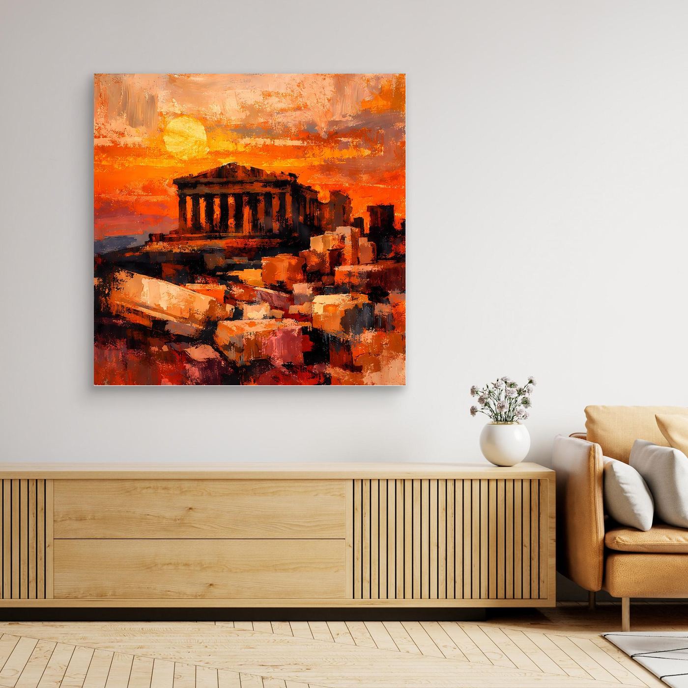 Leinwandbild mit abstraktem Akropolis-Sonnenuntergang, rechteckig, ohne sichtbaren Rahmen