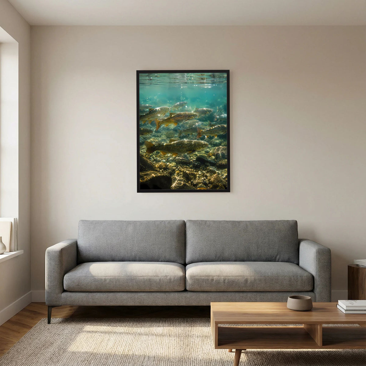 Poster im Hochformat mit Forellen, türkisfarbenem Wasser und Steinen im Vordergrund