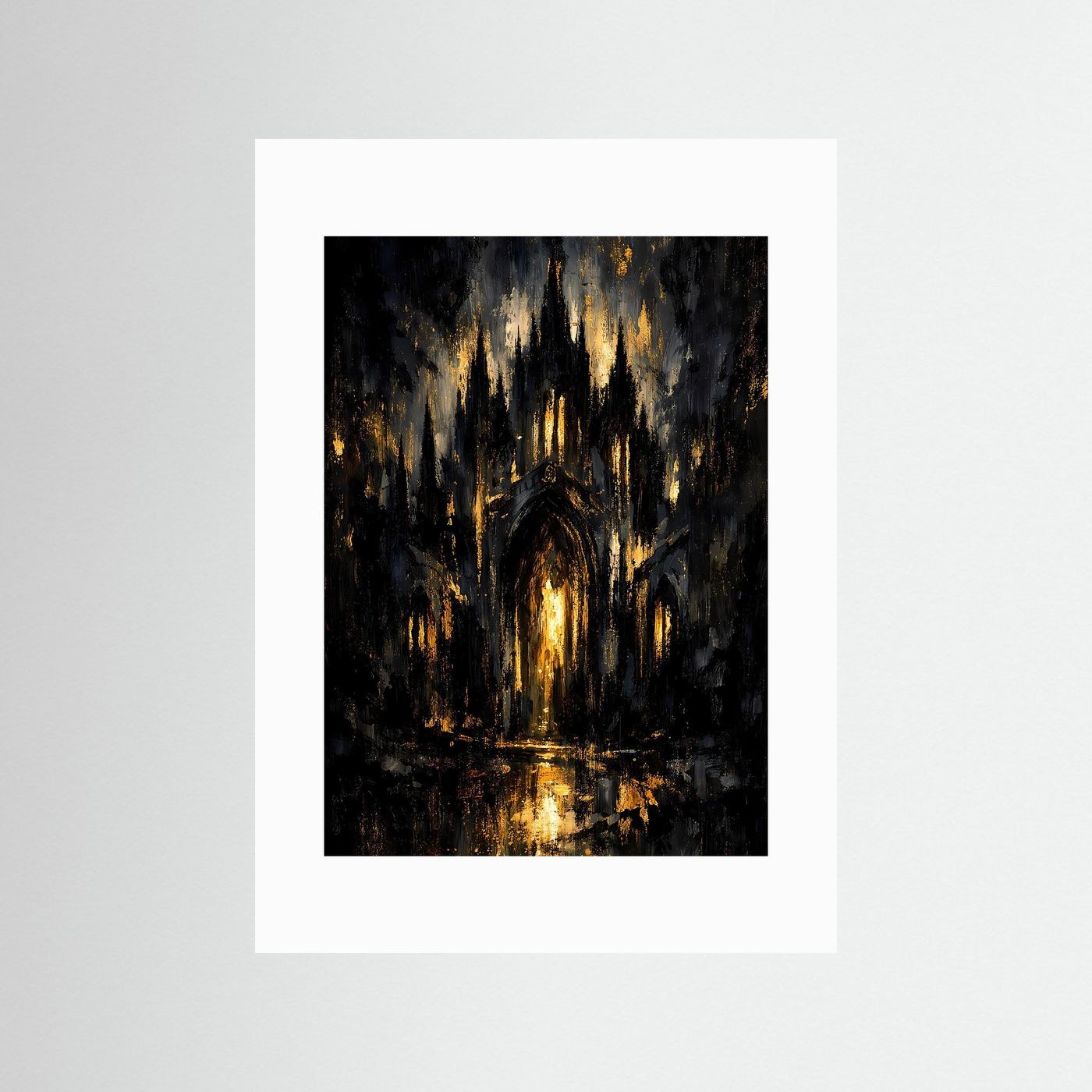 Kathedralenposter im Hochformat mit weißem Passepartout: goldene Lichter und Torbogen