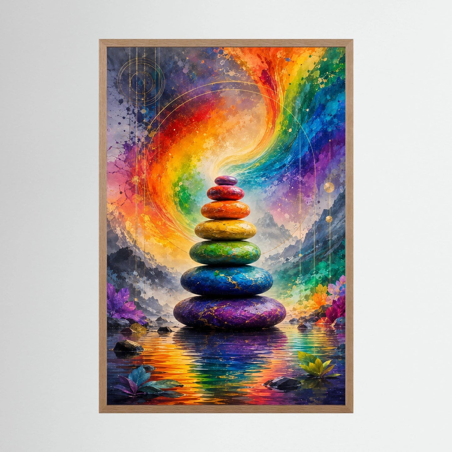 Hochformat-Poster im Holzrahmen mit Stapel bunter Zen-Steine vor Regenbogen-Motiv