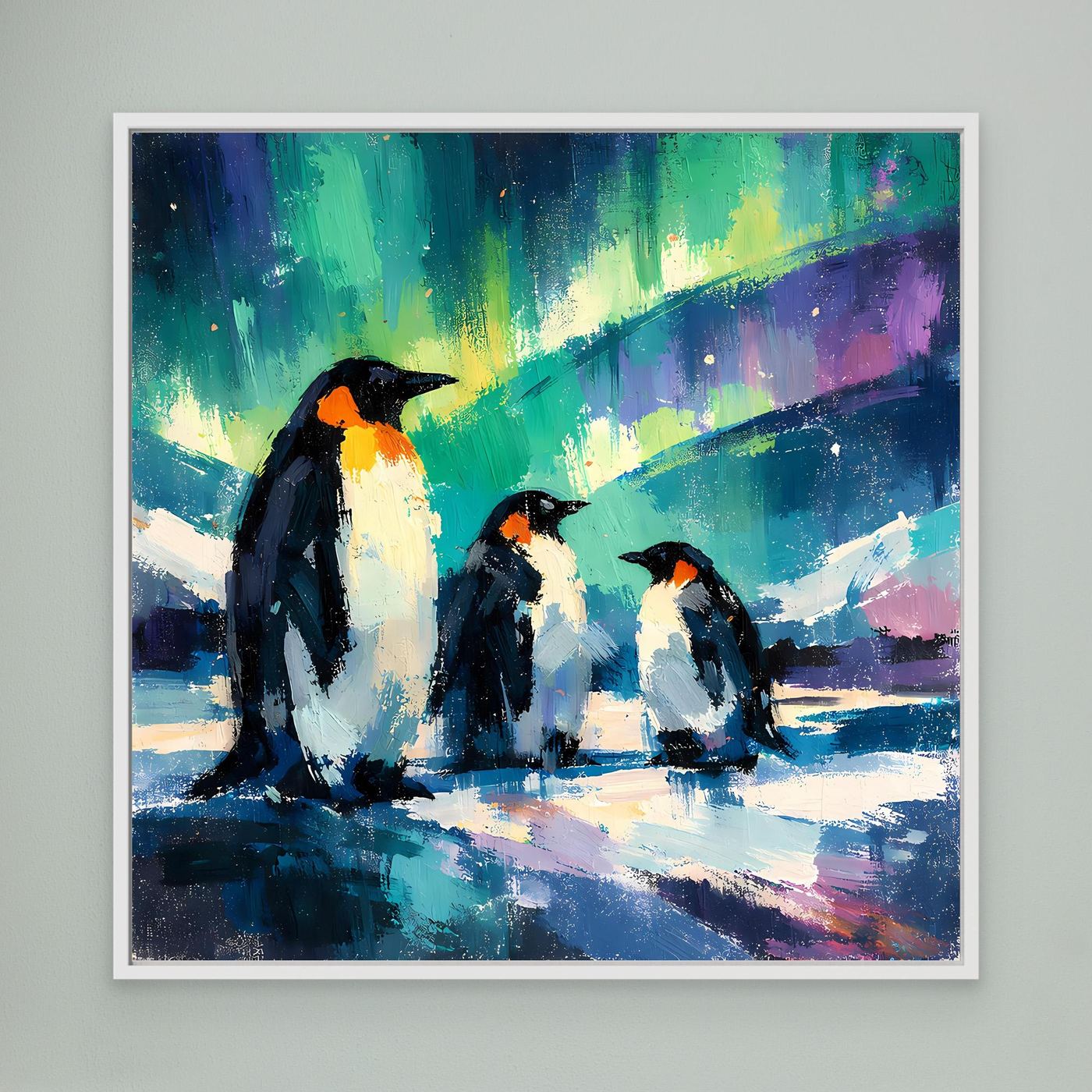 Leinwand Majestätische Pinguine unter Polarlichtern | Abstraktes Antarktis & Nordlicht Wandbild