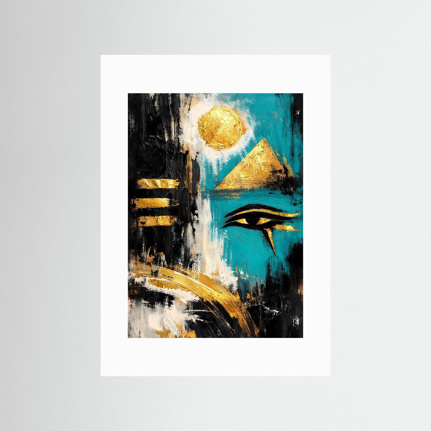 Abstraktes Ägypten-Poster „Auge des Horus“ in Türkis, Schwarz und Gold mit weißem Rand