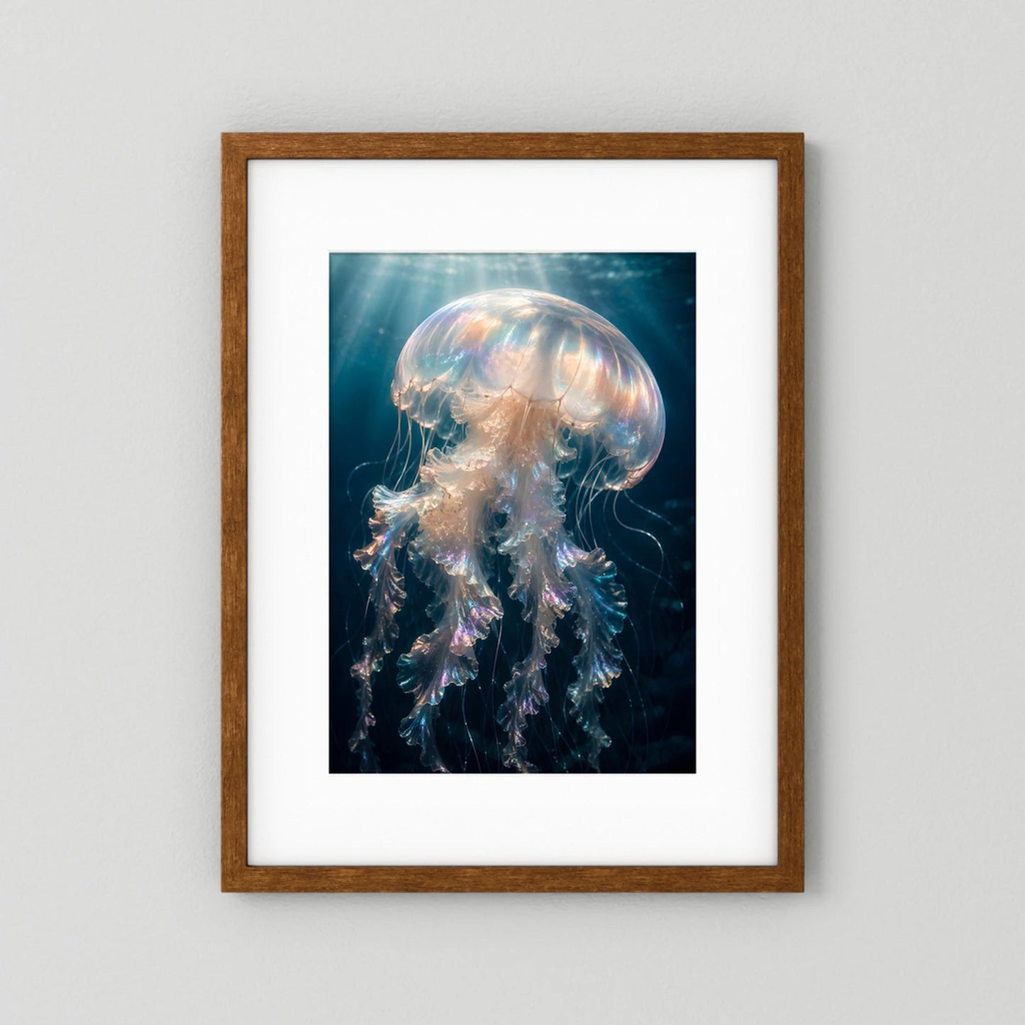 Kunstposter im Hochformat mit leuchtender Qualle, brauner Holzrahmen
