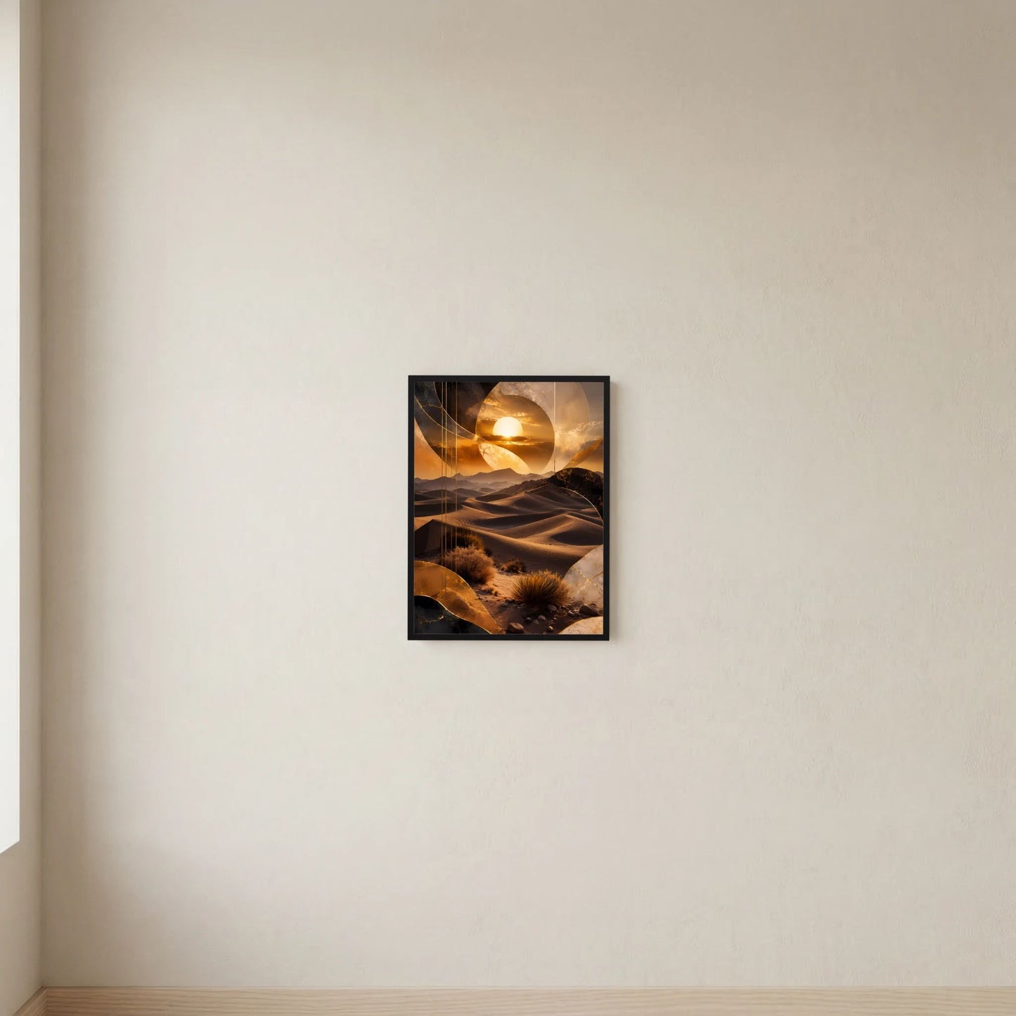 Hochformat-Poster mit goldenem Wüstenmotiv und Sonnenkreis an heller Wand, schwarzer Rahmen