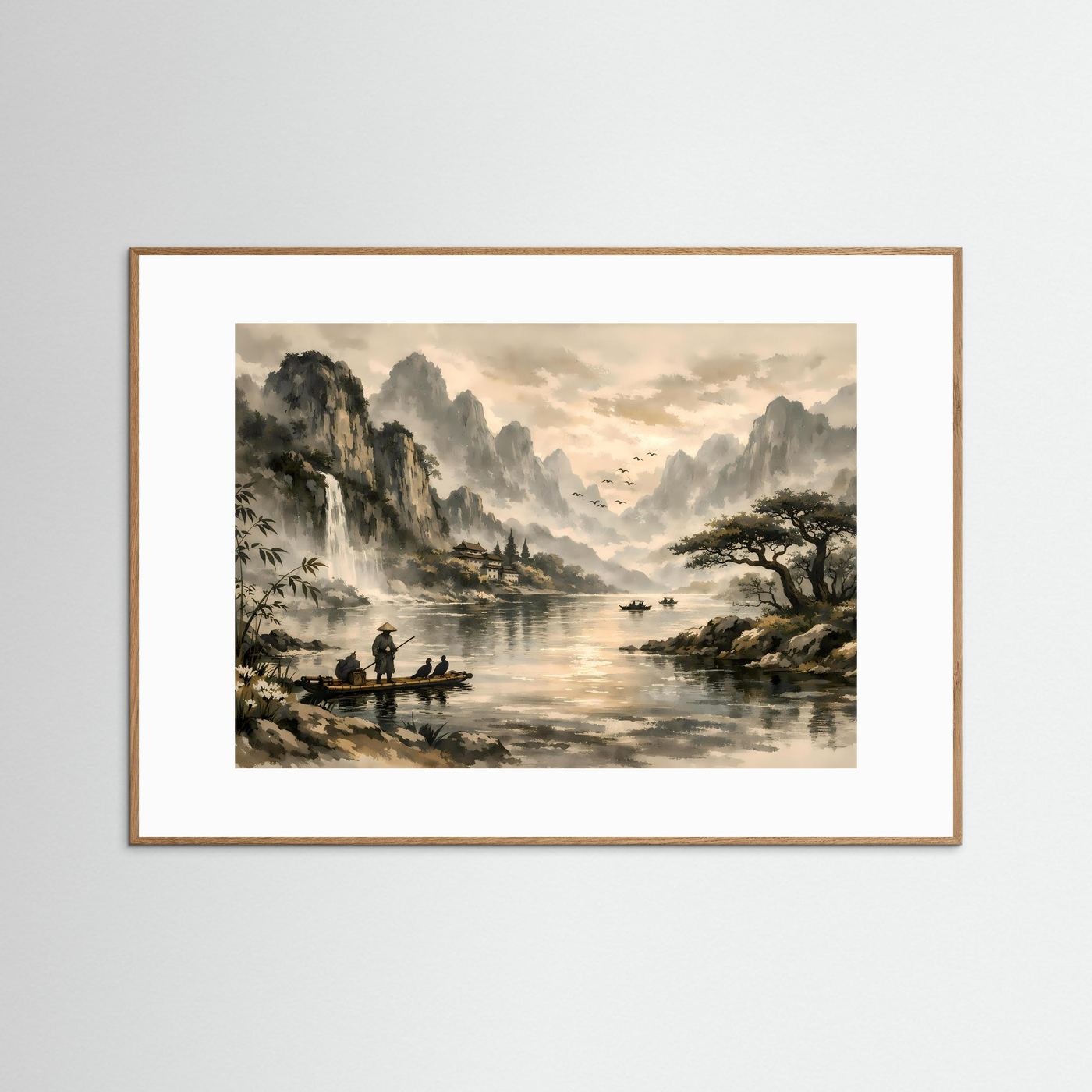 Traditionelle Asiatische Flusslandschaft | Sepia & Natur Kunst Poster Querformat