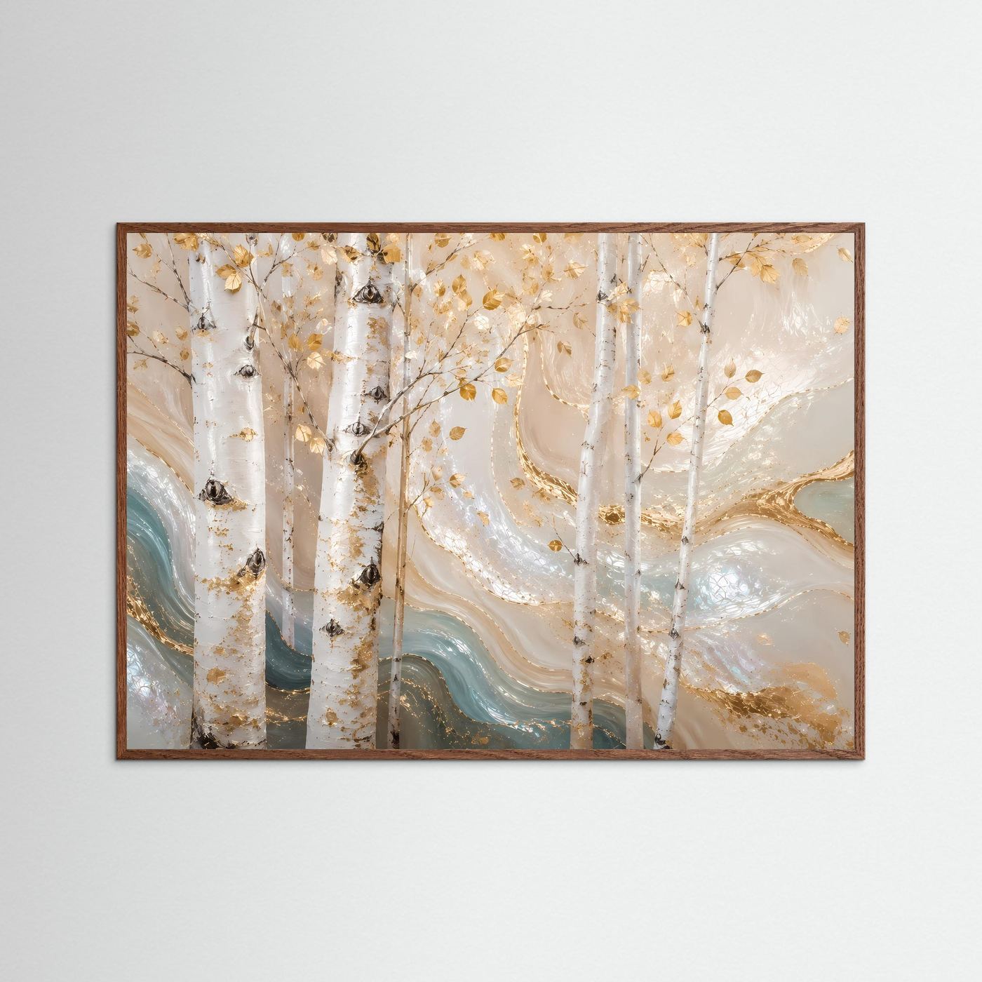 Wandposter Birkenwald in Creme und Gold im dunkelbraunen Holzrahmen, querformatig