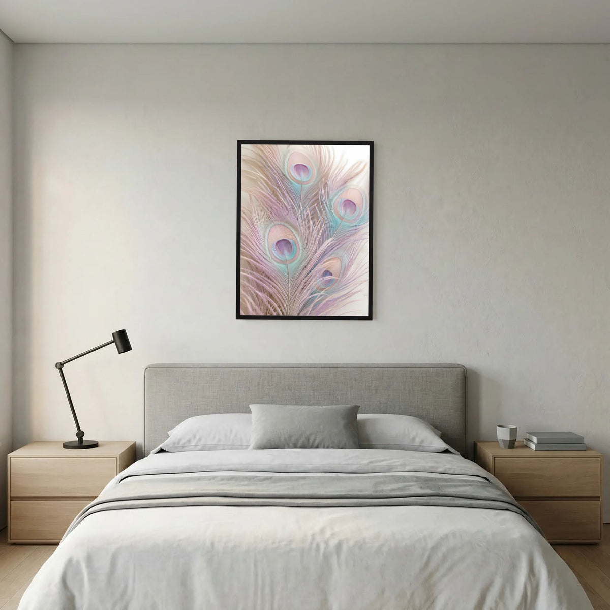 Hochformat-Poster mit Pastell-Pfauenfedern in Rosa/Türkis, schwarzer Rahmen