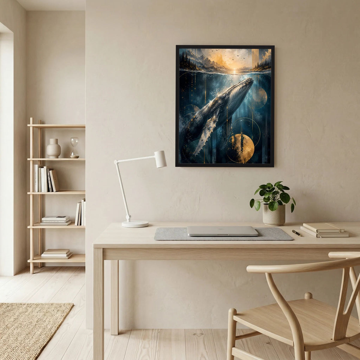 Gerahmtes Poster mit Wal unter Wasser, blaues Meer mit goldenen Kreisen