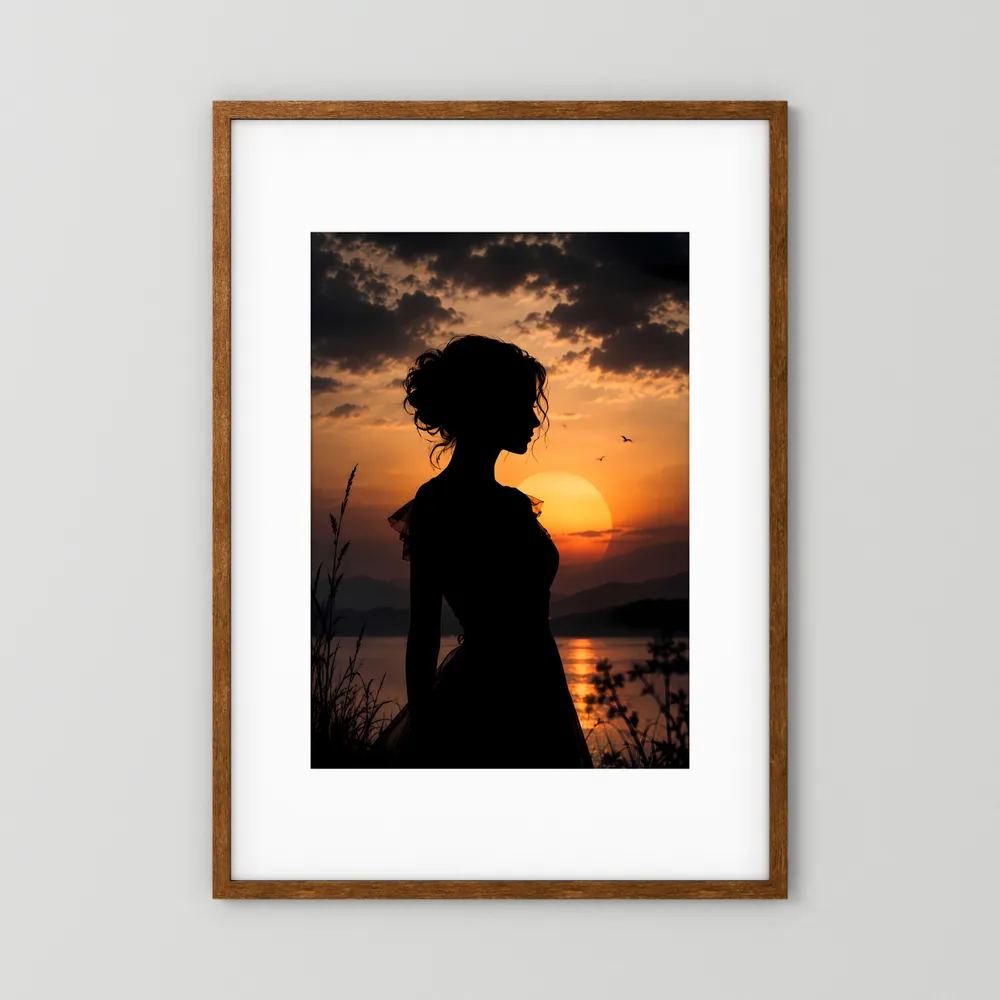 Hochformat-Poster: Silhouette einer Frau bei Sonnenuntergang, in braunem Holzrahmen