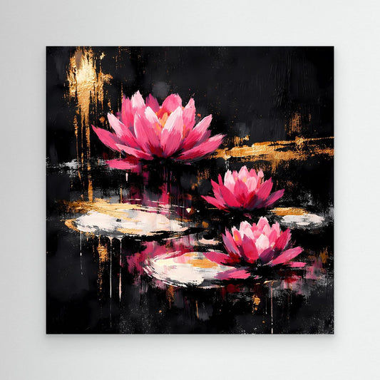 Abstraktes Leinwandbild mit rosa Lotusblüten auf Wasser, goldene Akzente, dunkler Hintergrund.