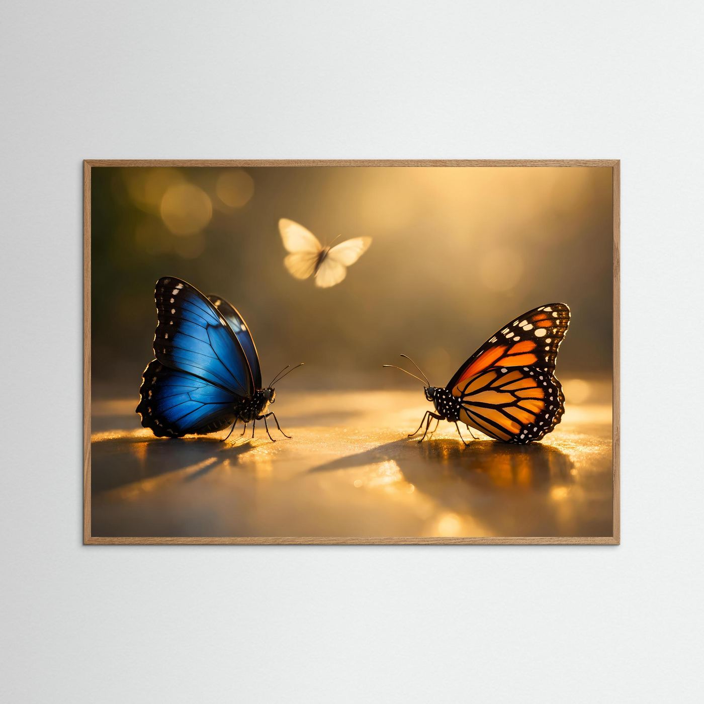 Poster mit Schmetterlingen, blau und orange, Querformat, brauner Holzrahmen
