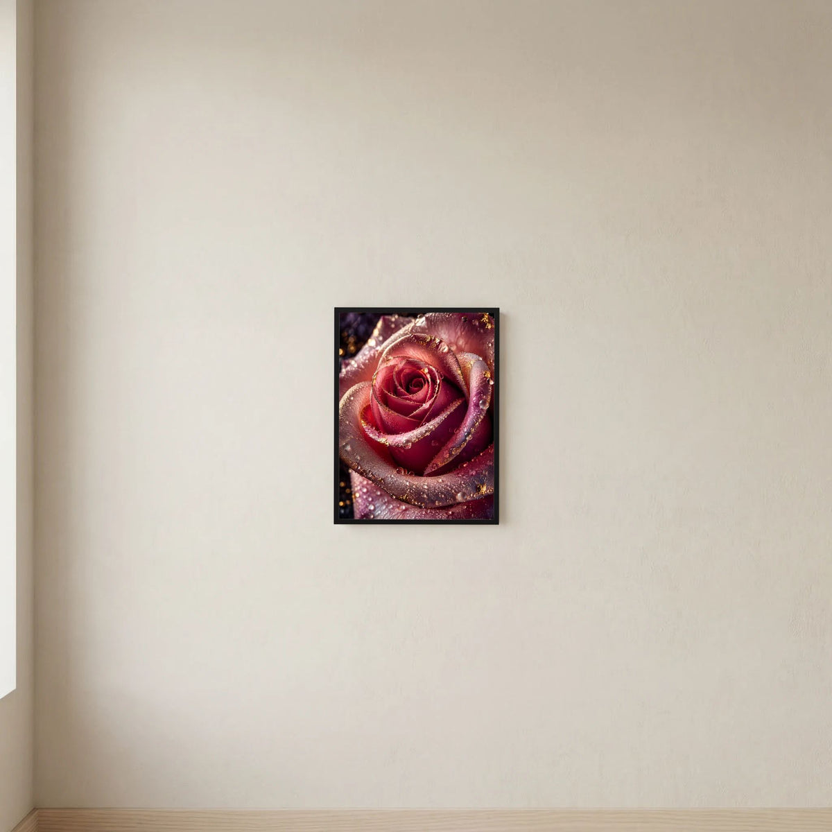 Rosenposter im schwarzen Rahmen mit roter Blüte, Wassertropfen und goldenen Punkten