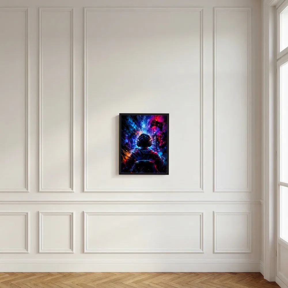 Neon-Gaming-Poster mit Gamer im Headset und Controller, schwarz gerahmt