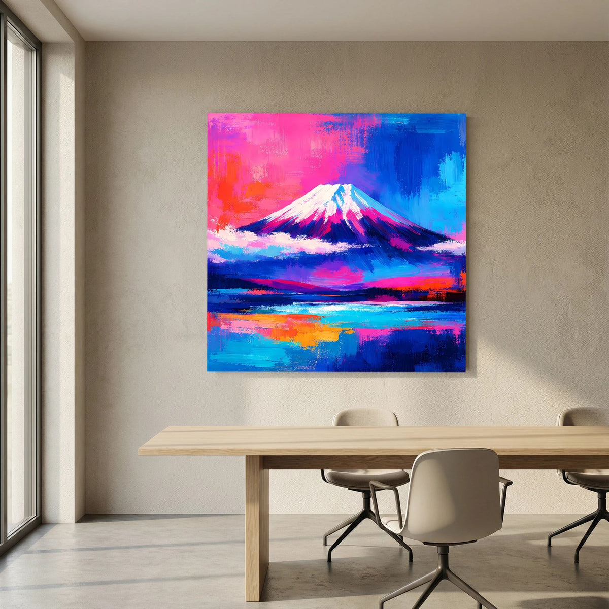 Abstraktes Fuji-Leinwandbild mit weißem Gipfel, pink-blauem Himmel und See