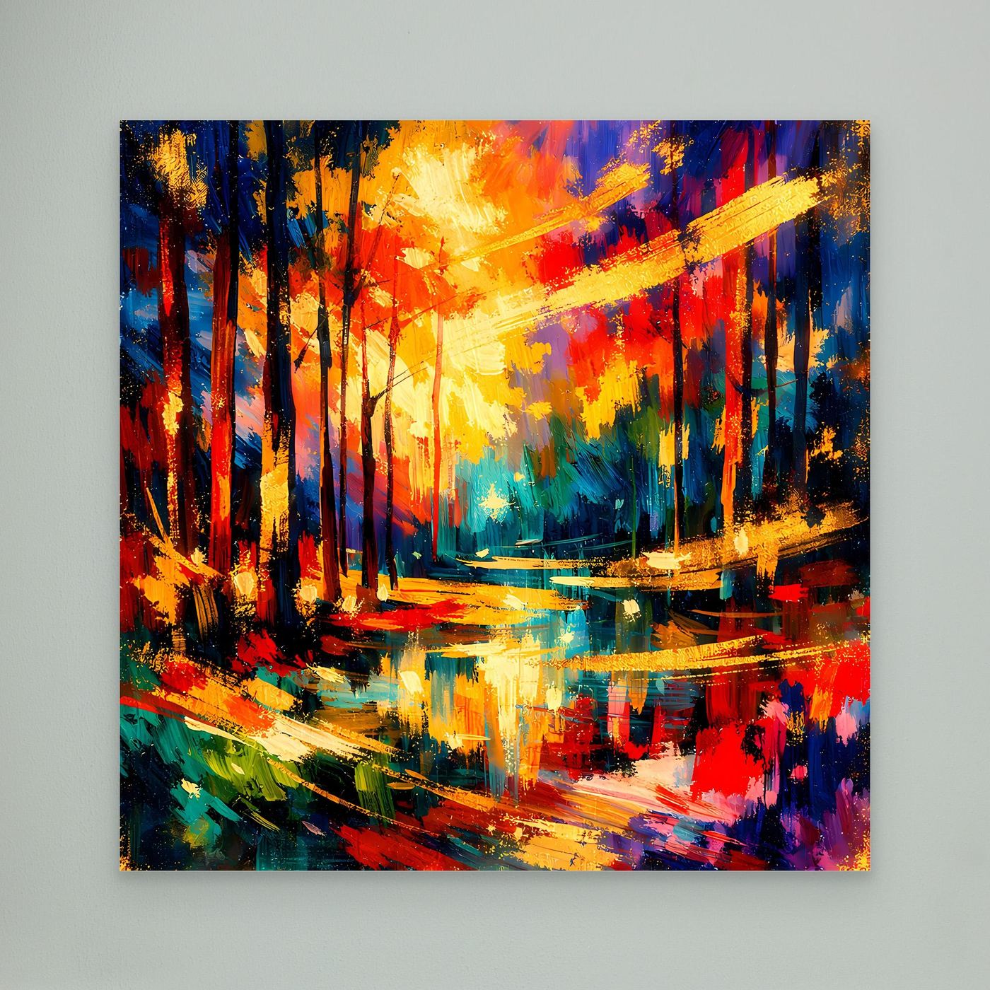 Leinwandbild mit hellem Rahmen, abstrakter Herbstwald mit kräftigen Farben und Lichtschein