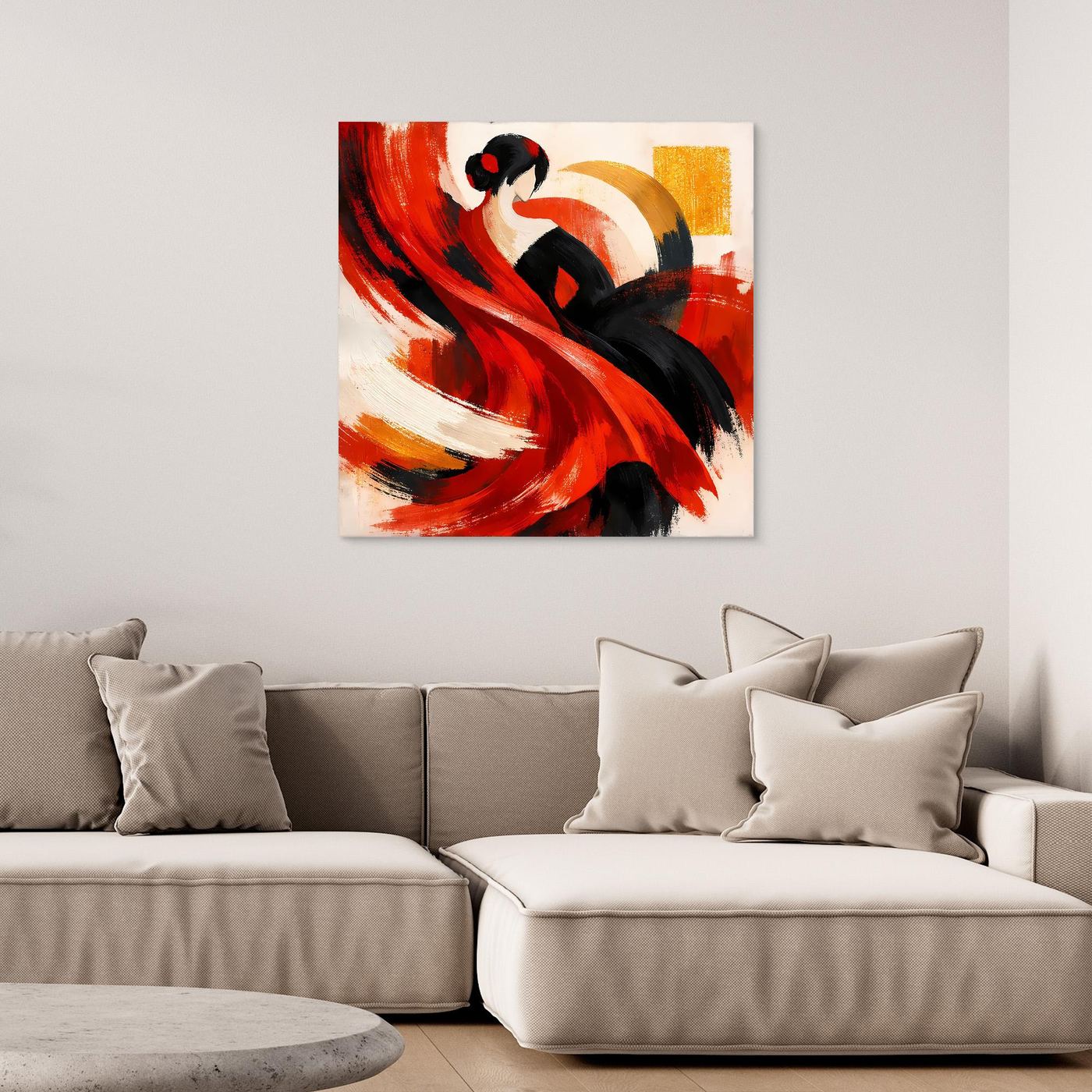 Abstraktes Leinwandbild einer Flamenco-Tänzerin, rote und schwarze Pinselstriche, ohne Rahmen