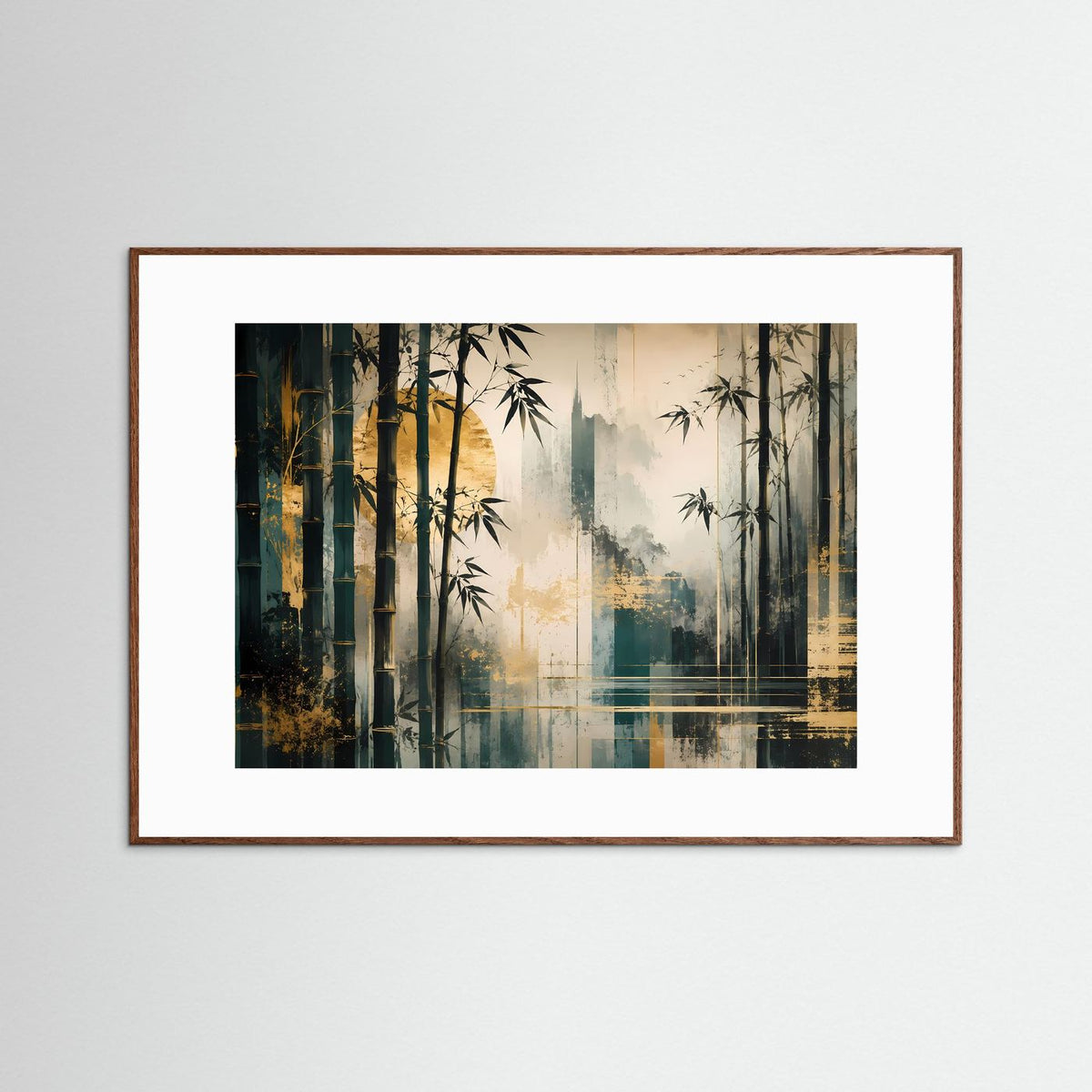 Poster im braunen Holzrahmen mit weißem Passepartout; abstrakte Bambuslandschaft in Petrol