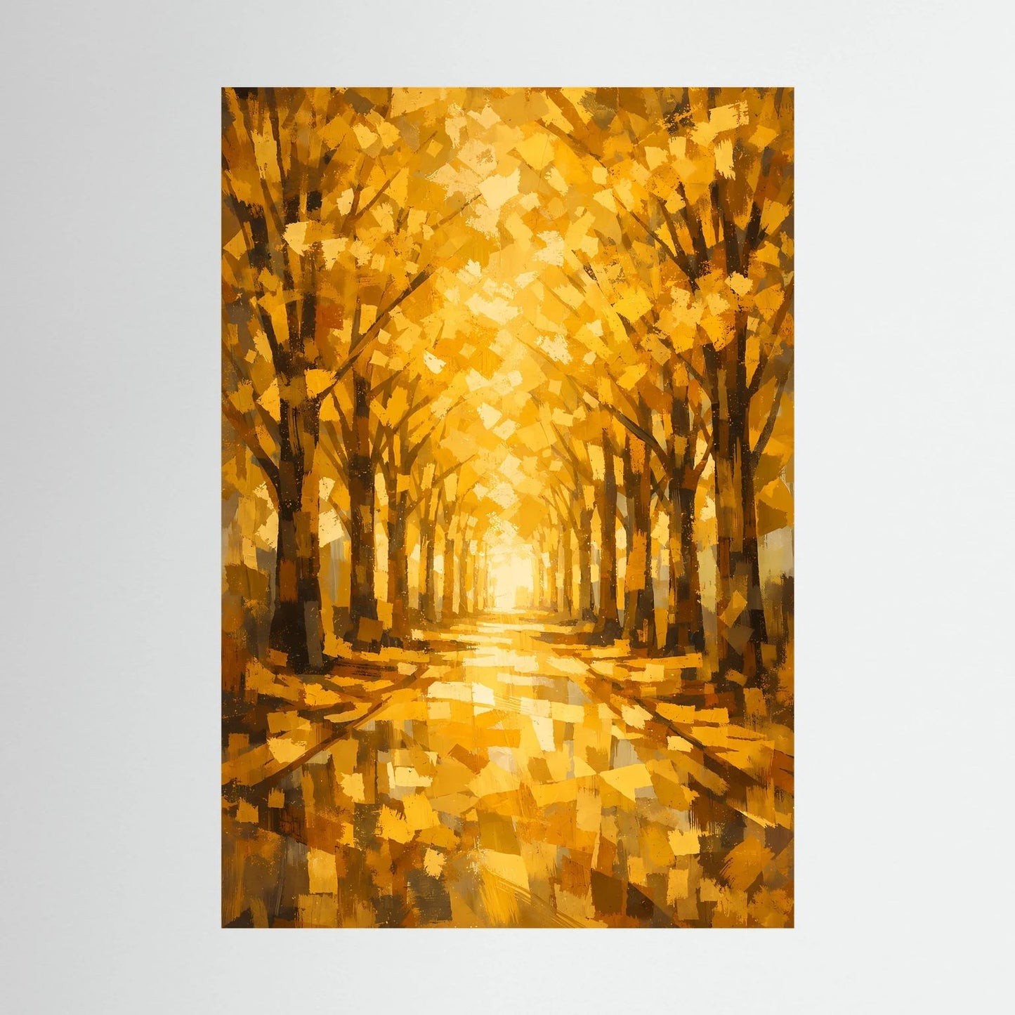 Hochformatiges Poster mit goldener Baumallee und herbstlichem Laubdach in warmen Tönen