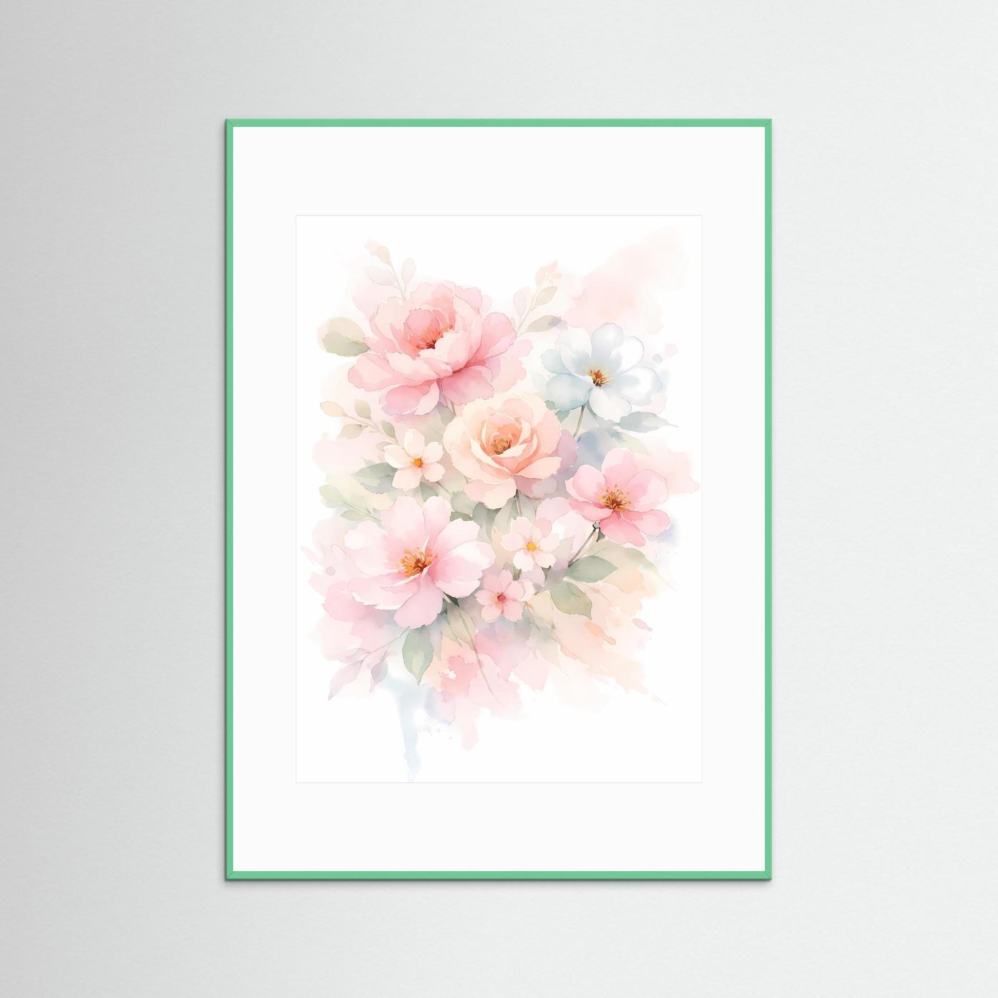 Wandbild mit Blumenbouquet im Aquarellstil, grüner Rahmen und weißes Passepartout