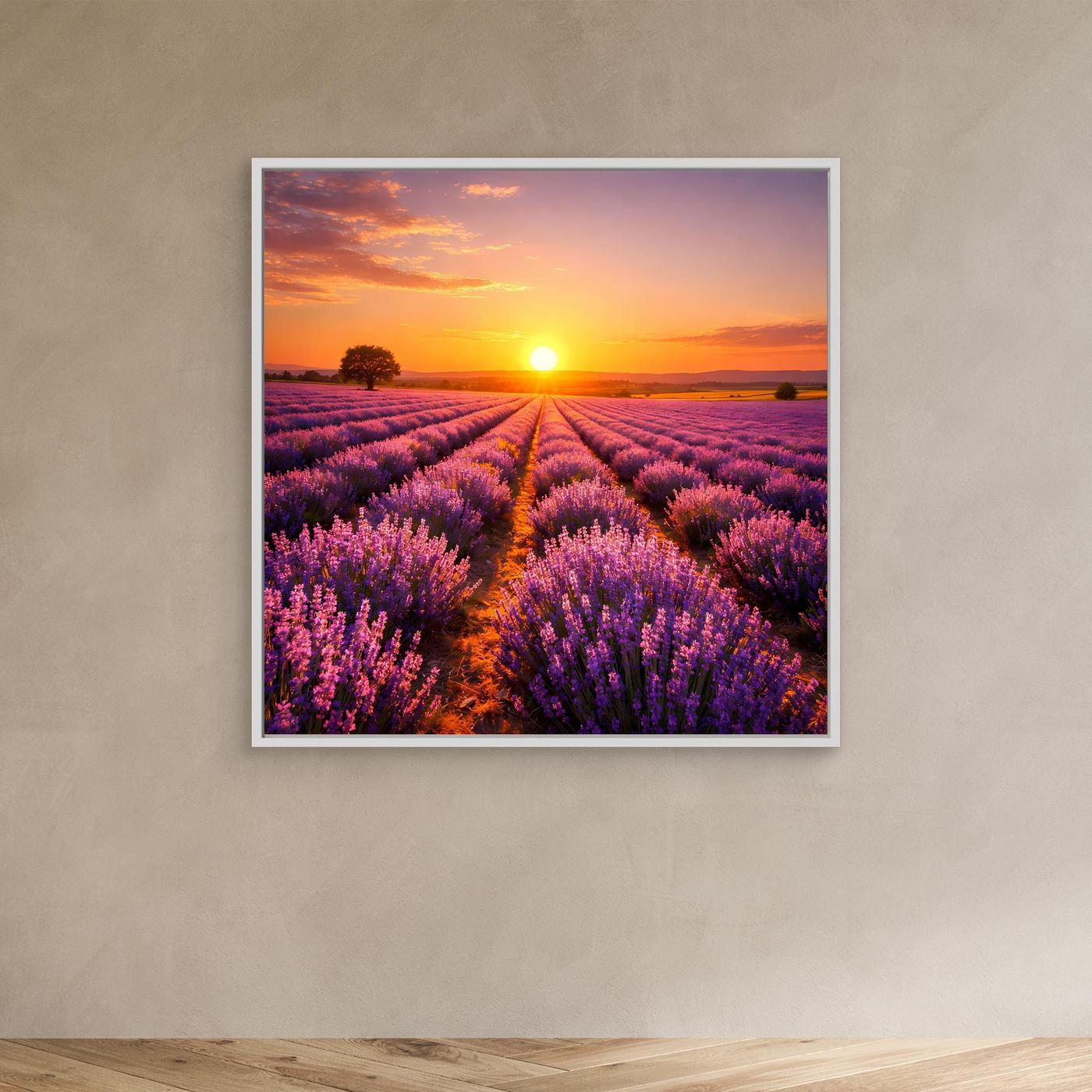 Leinwandbild mit Lavendelfeld und Sonnenuntergang, weiß gerahmt