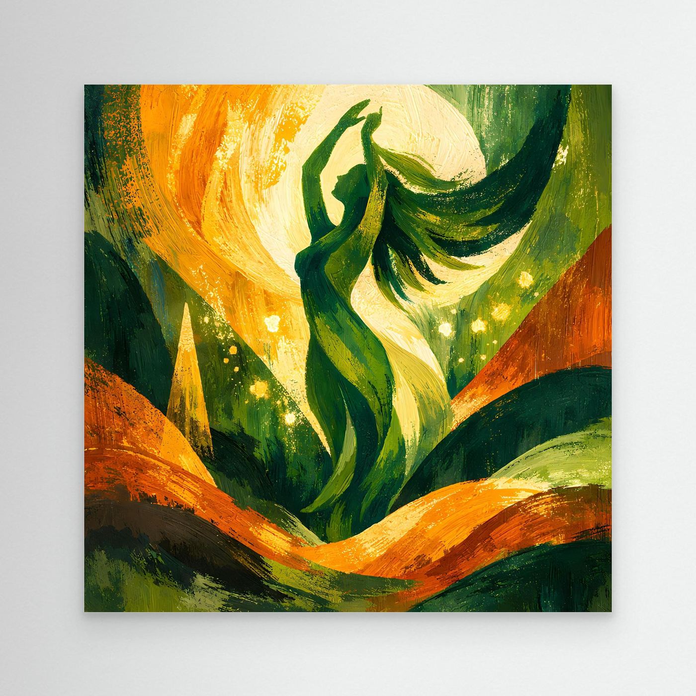 Leinwand-Wandbild der Natur-Göttin, abstrakte grüne Figur mit orangefarbenem Lichtbogen