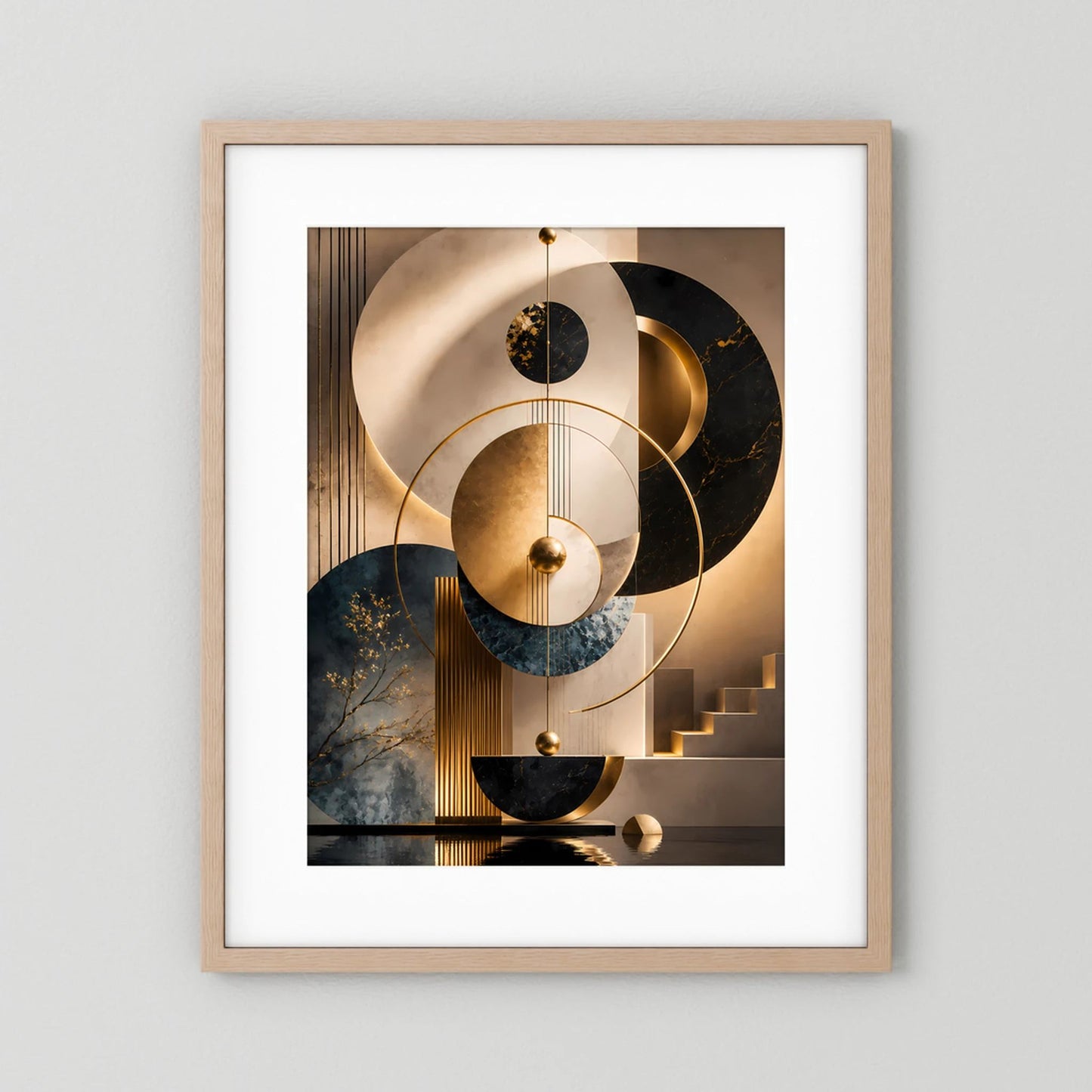 Eichenholz gerahmtes Poster mit abstrakten Kreisen in Goldtönen, Schwarz, Beige & Petrol.