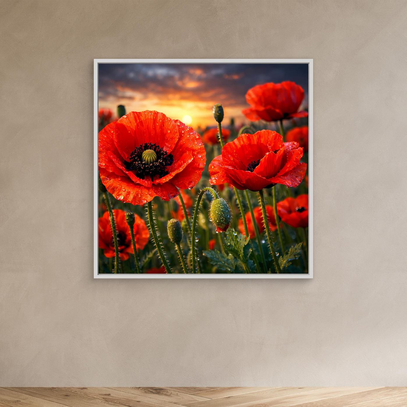 Leinwandbild mit roten Klatschmohnblüten im Sonnenuntergang, mit weißem Rahmen