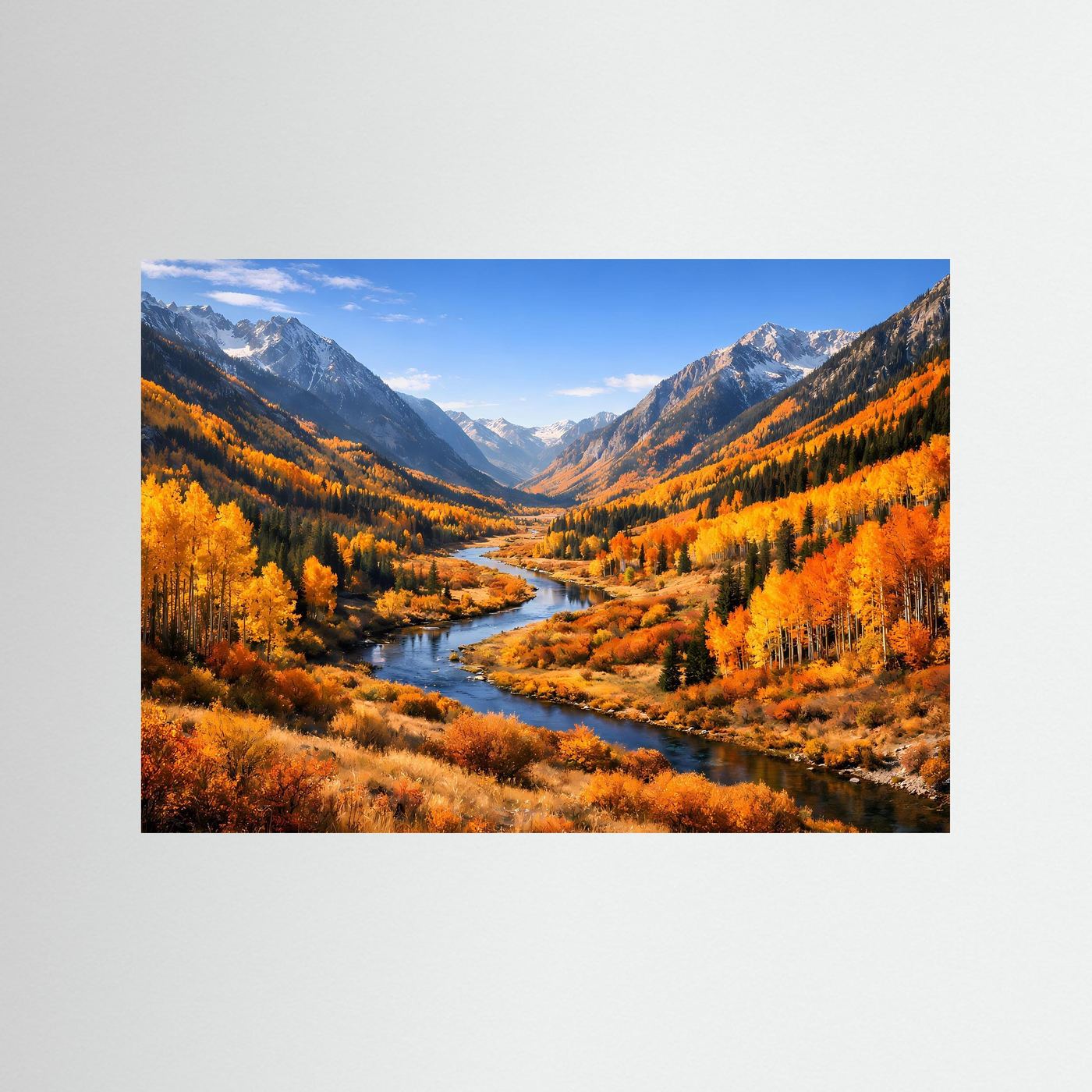 Poster mit Bergtal-Landschaft und Fluss im Herbst, ohne Rahmen
