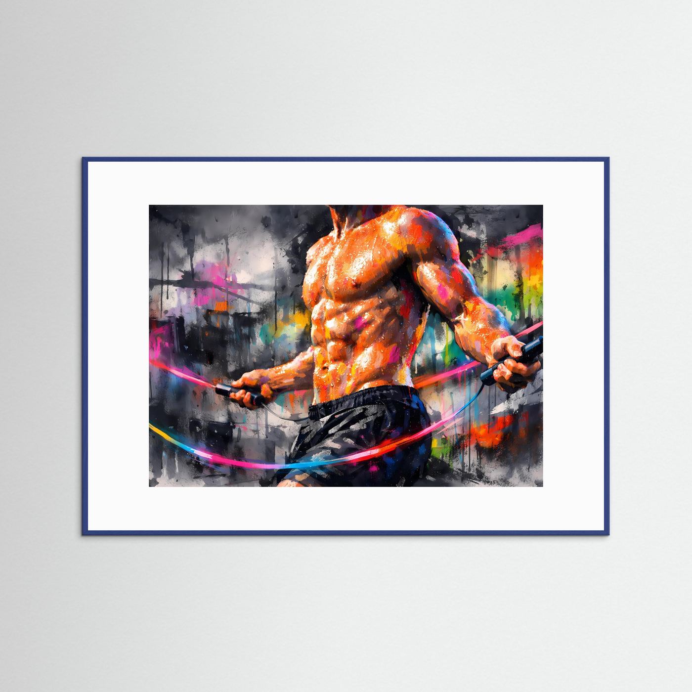 Fitness-Kunstposter Querformat: orange Figur mit Hula-Hoop, blauer Holzrahmen