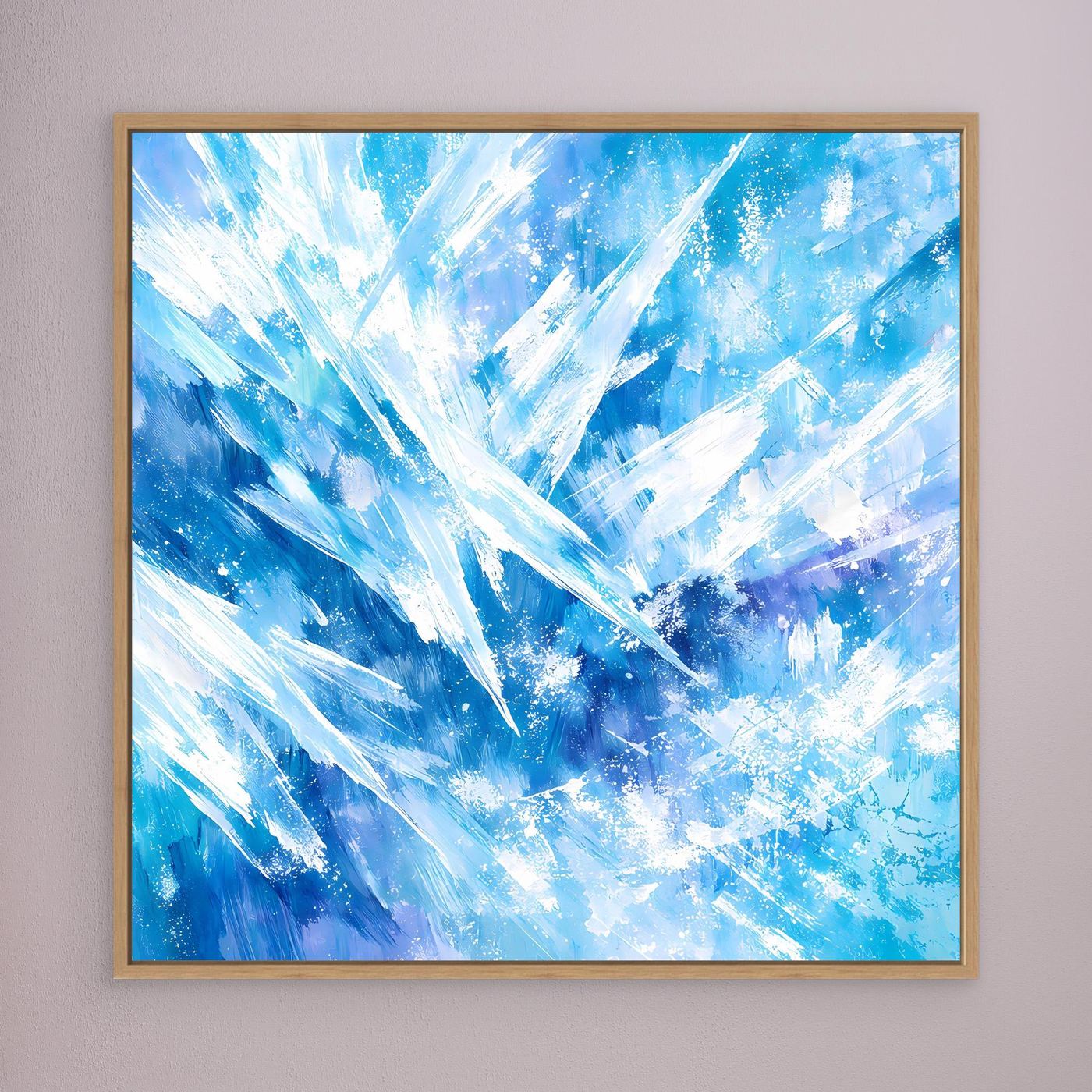 Quadratisches Leinwand-Wandbild mit abstrakten Eiskristallen in Blau, Holzrahmen (Eiche)