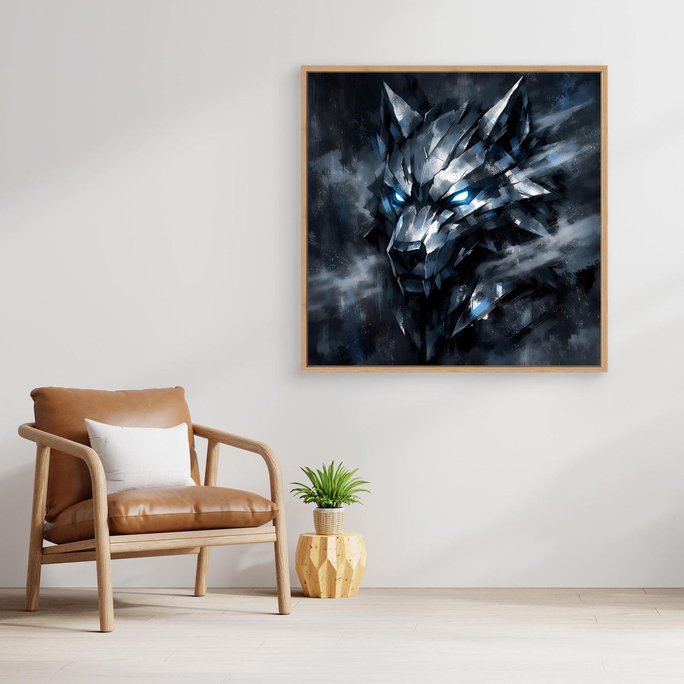 Leinwand-Wandbild: geometrischer Wolf mit leuchtenden Augen, goldener Holzrahmen