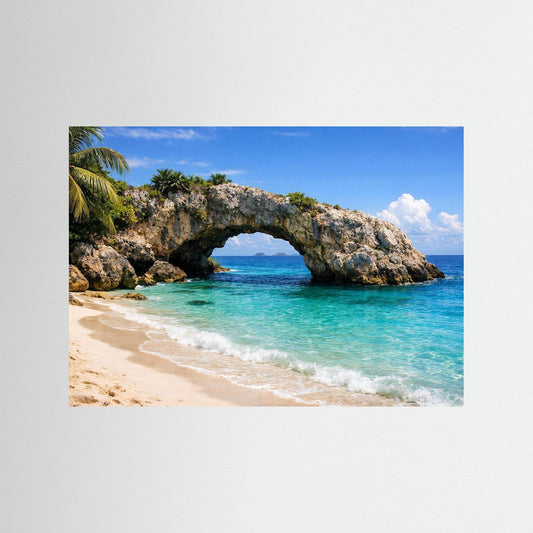 Panorama-Poster mit natürlichem Felsbogen am Strand und türkisfarbenem Meer, Querformat