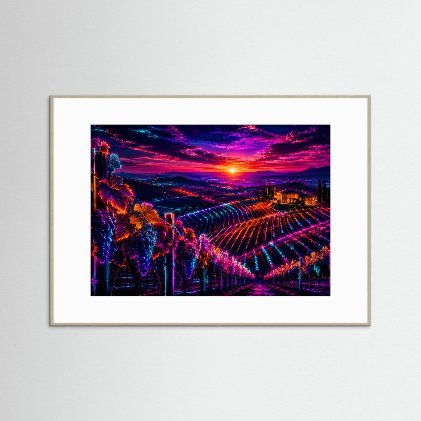 Weinberg Poster Neon | Toskana Sonnenuntergang Wandbild | Weinreben Landschaft | Leuchtende Fine Art | Moderne Wall Art