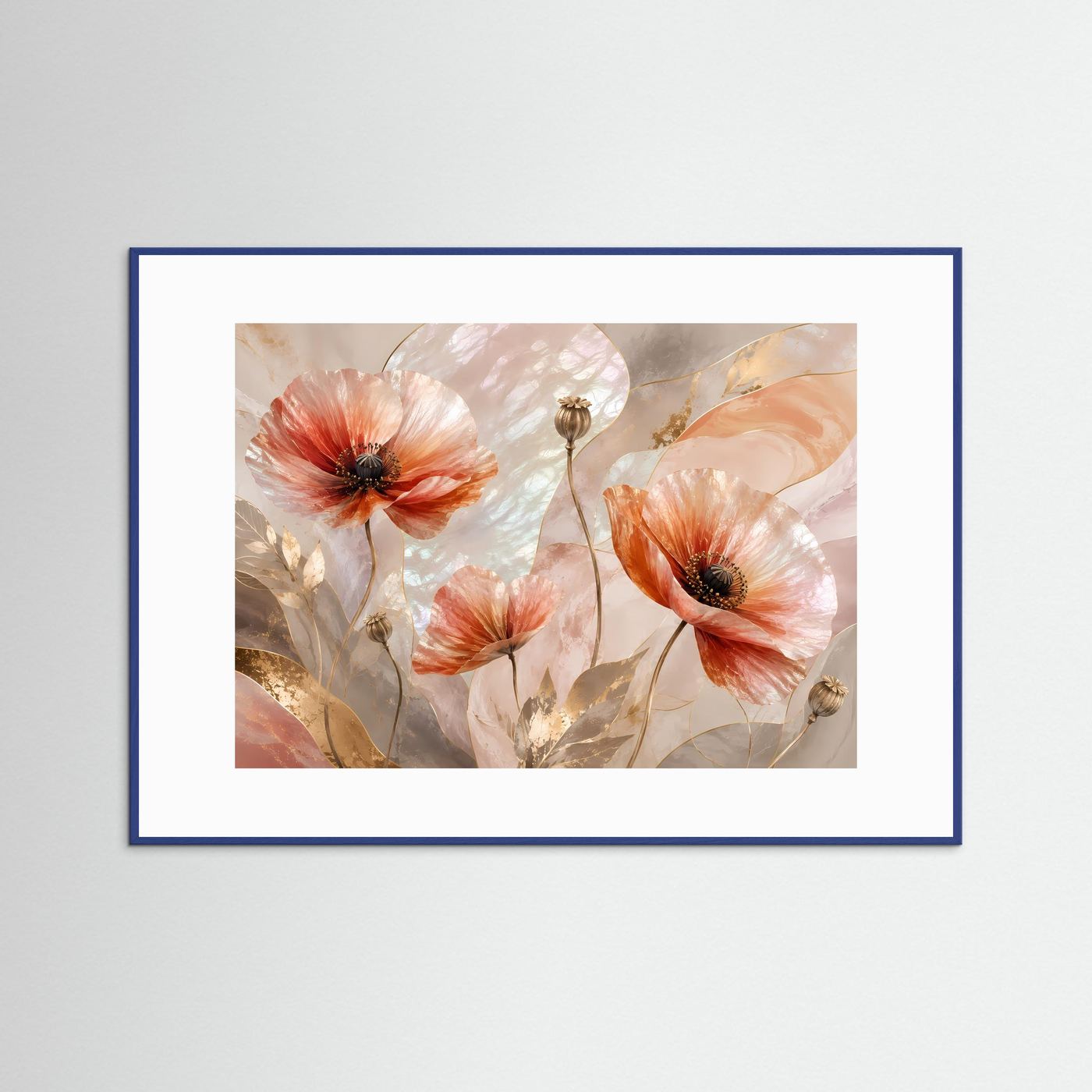 Gerahmtes Querformat-Poster mit abstrakten Mohnblumen in Pastell, roségold und perlmutt