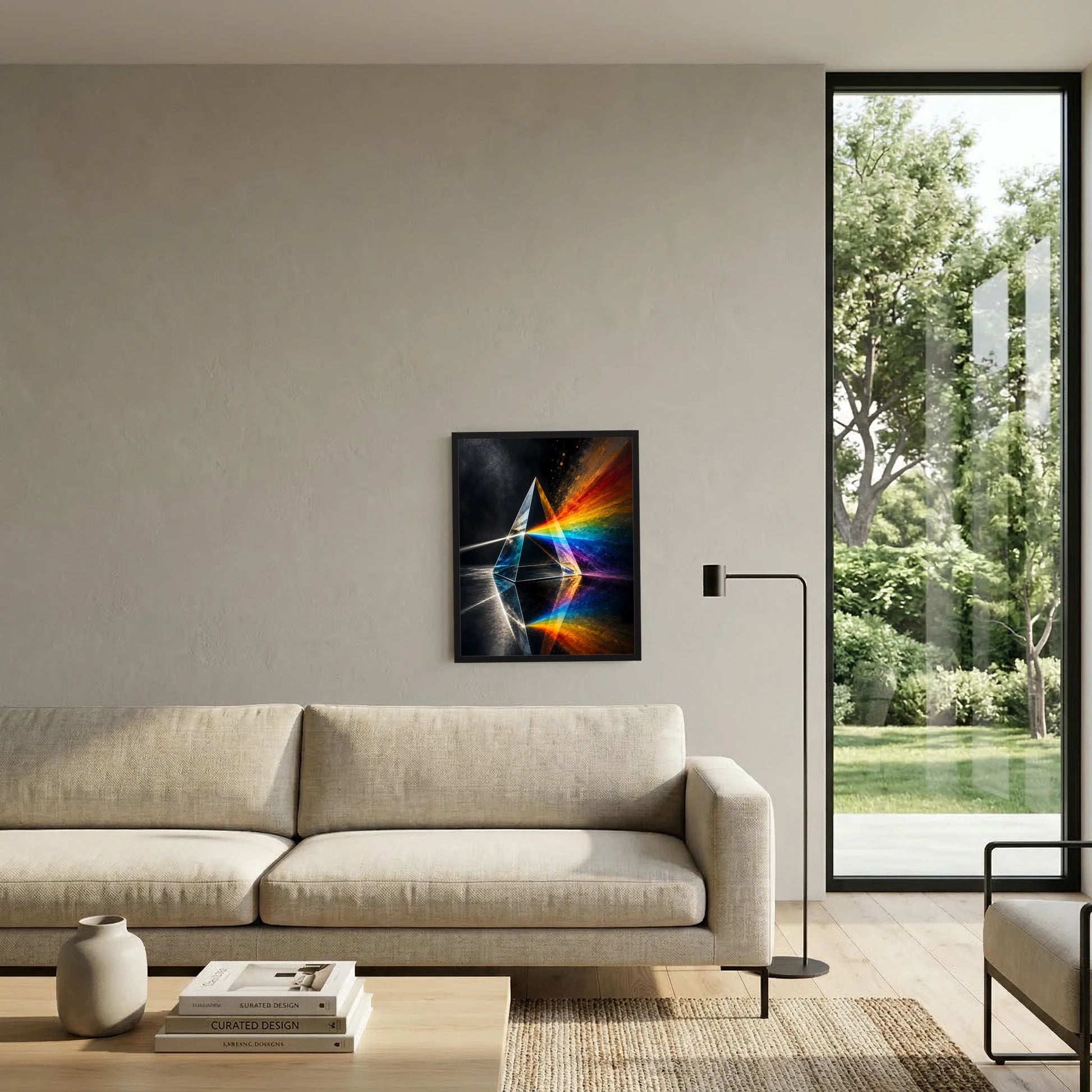Gerahmtes Poster: Lichtprisma mit Regenbogen-Spektrum und farbigen Lichtstrahlen auf Schwarz.