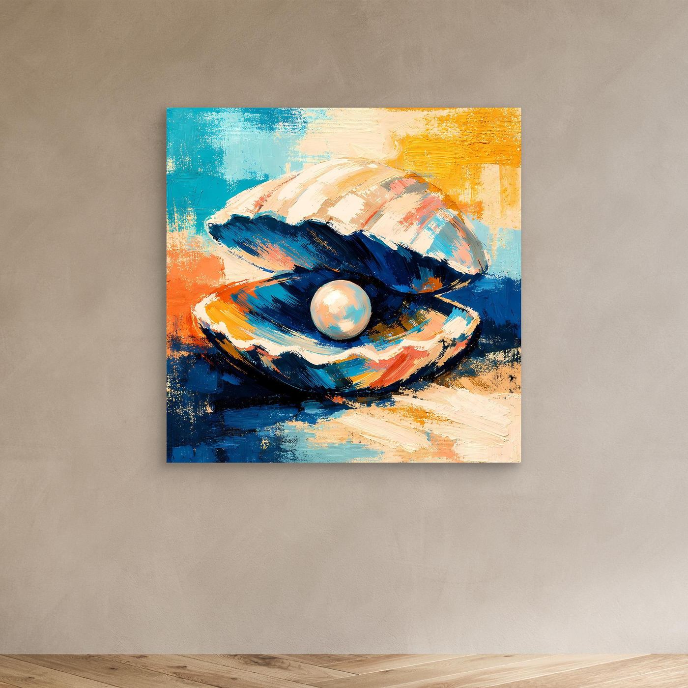 Abstract seashell canvas wall art with pearl, blue and orange brushstrokes, dark frame