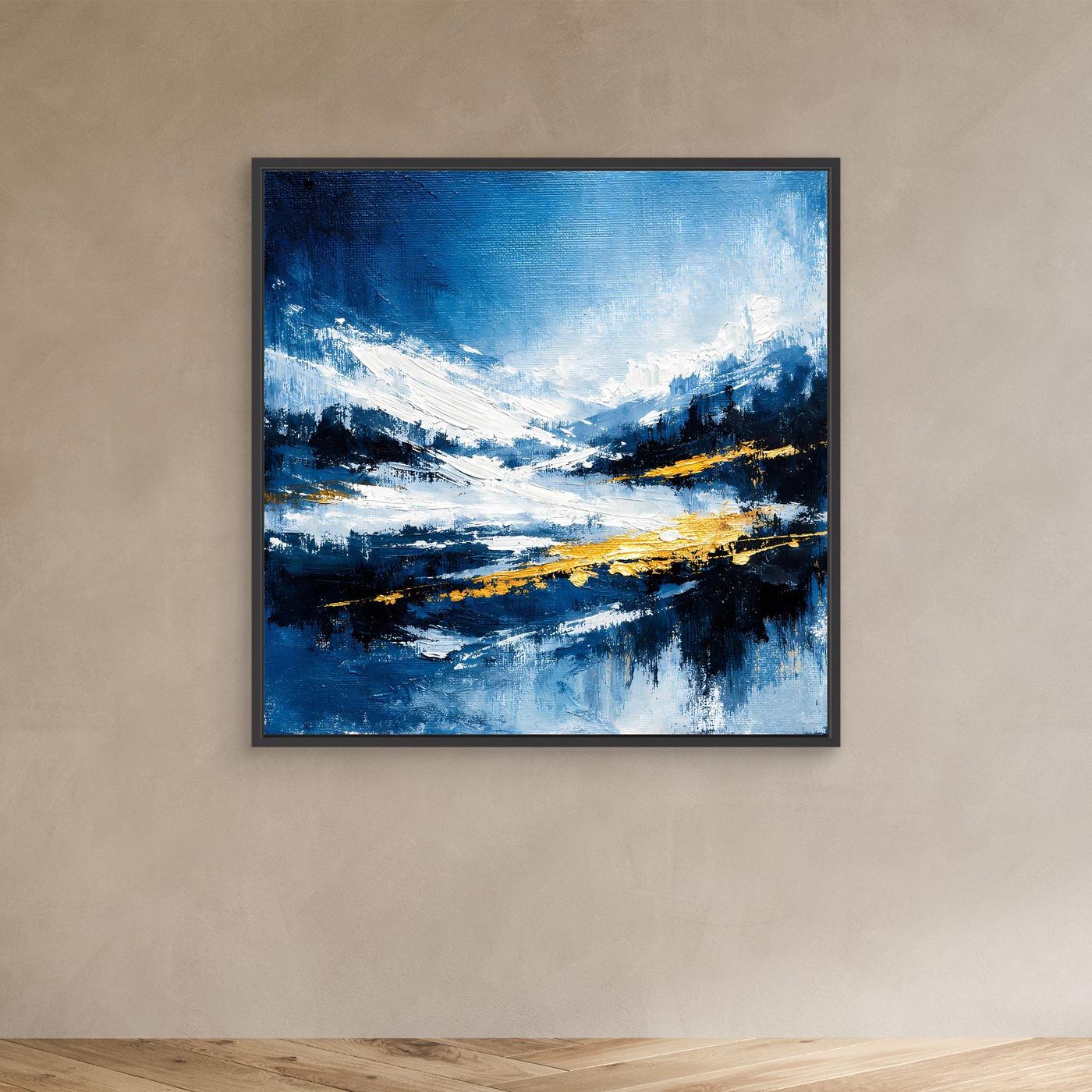 Leinwand Abstraktes Wintergemälde in Blau und Gold | Modernes Schnee & Berge Wandbild