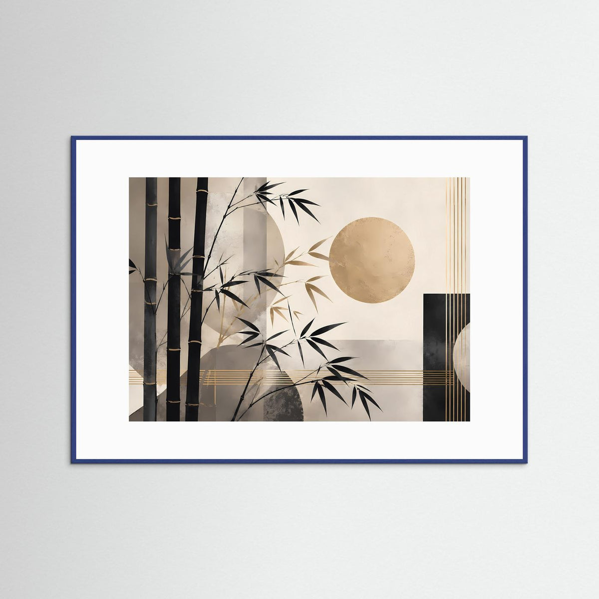 Poster im Querformat mit Bambusdruck, schwarzer Schriftart und goldenem Kreis, blau gerahmt