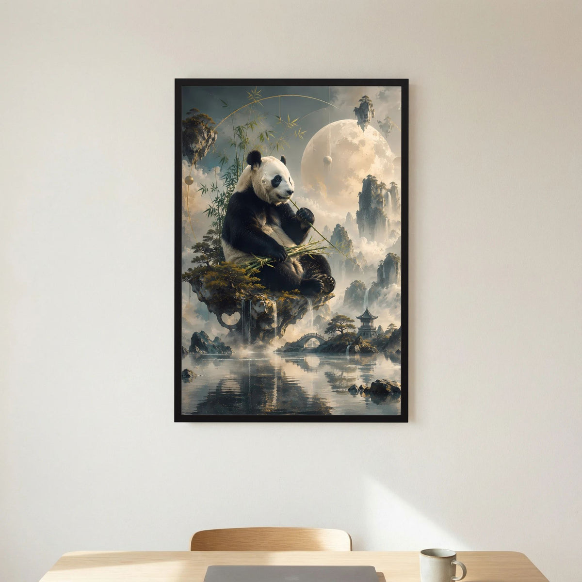 Kunstposter im Hochformat mit Panda auf Felsinsel, im schwarzen Rahmen