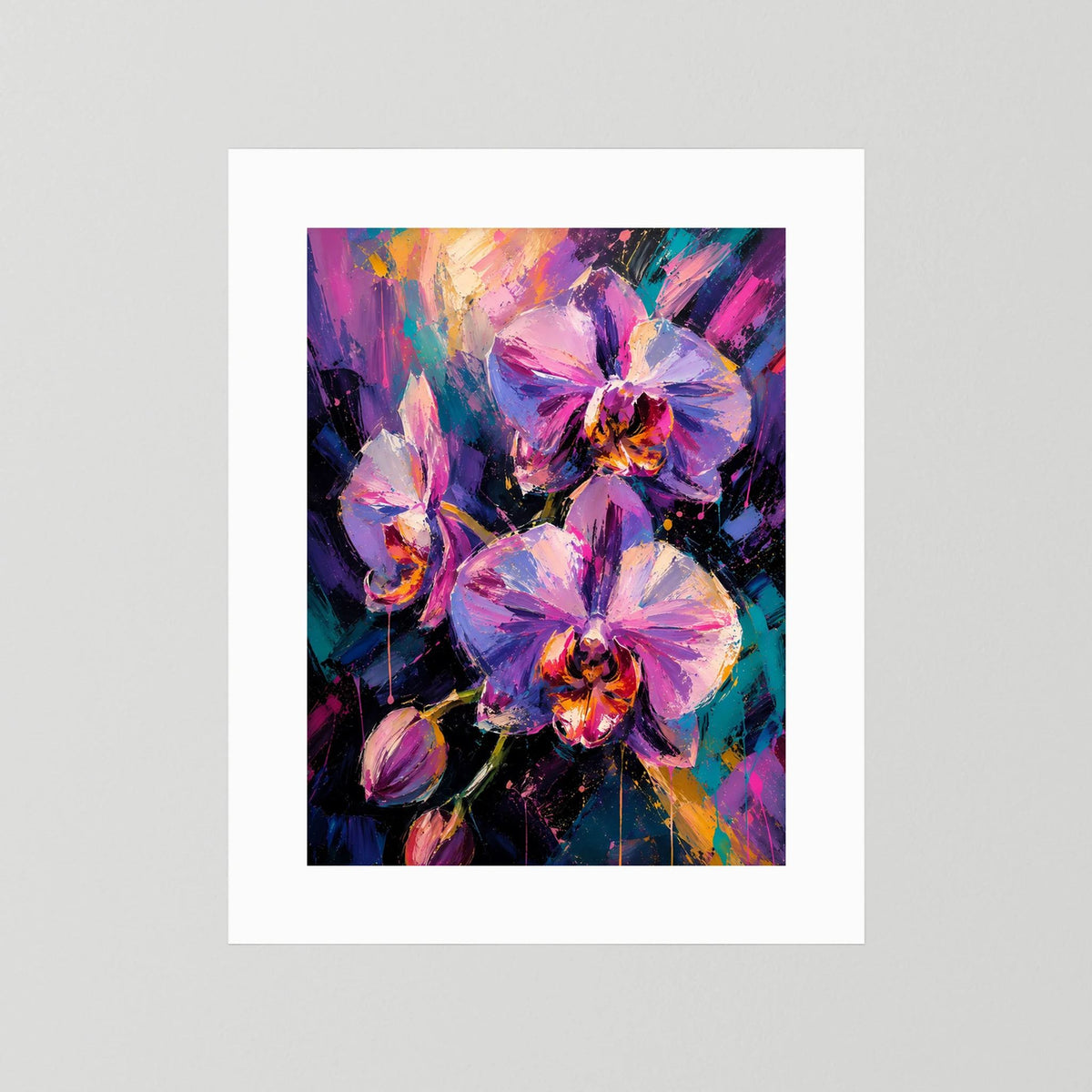 Hochformatiges Poster mit abstrakten Orchideen in Pink und Violett, weißer Rand