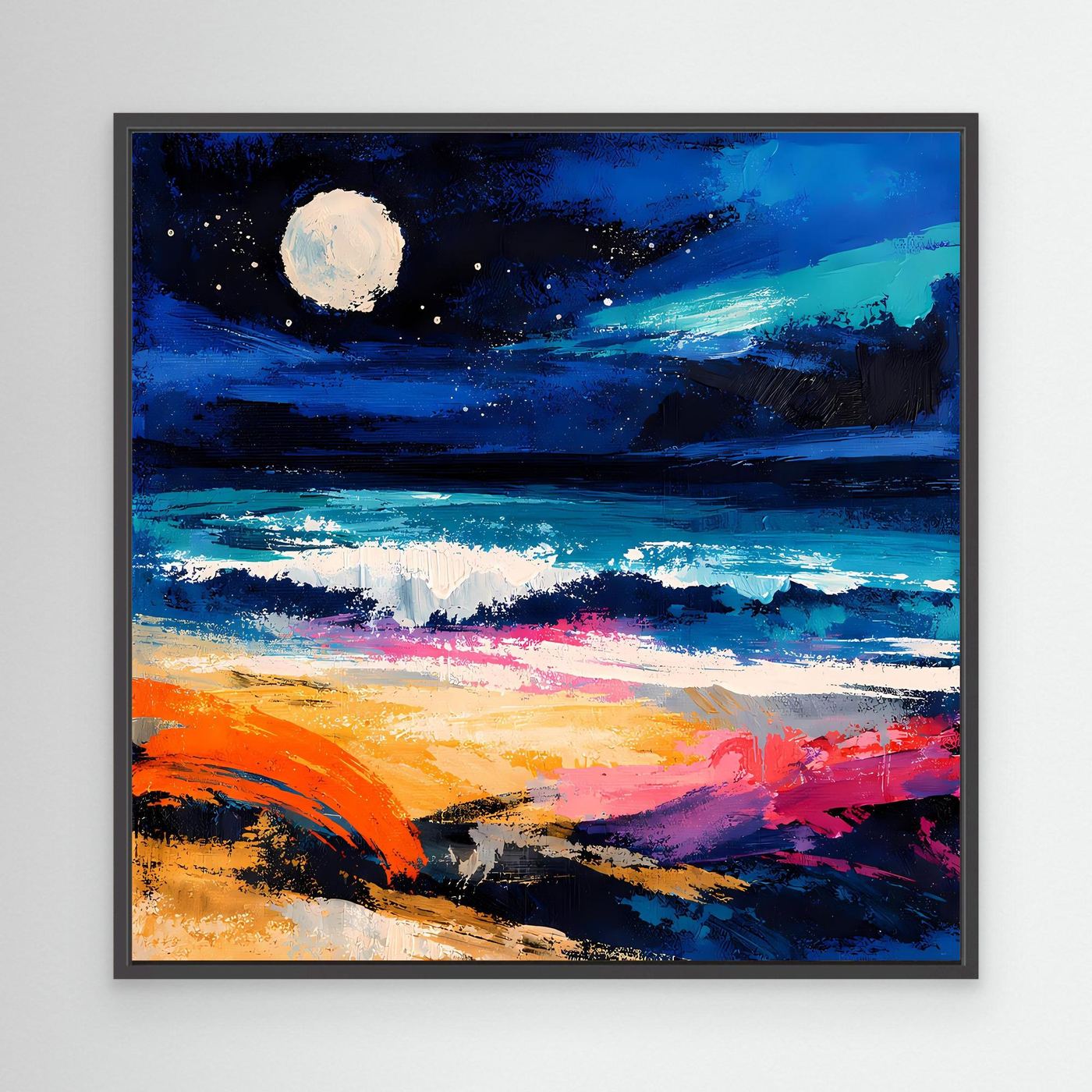 Abstraktes Leinwand-Wandbild mit hellem Vollmond über dem Meer, schwarzer Rahmen, Blau-Orange