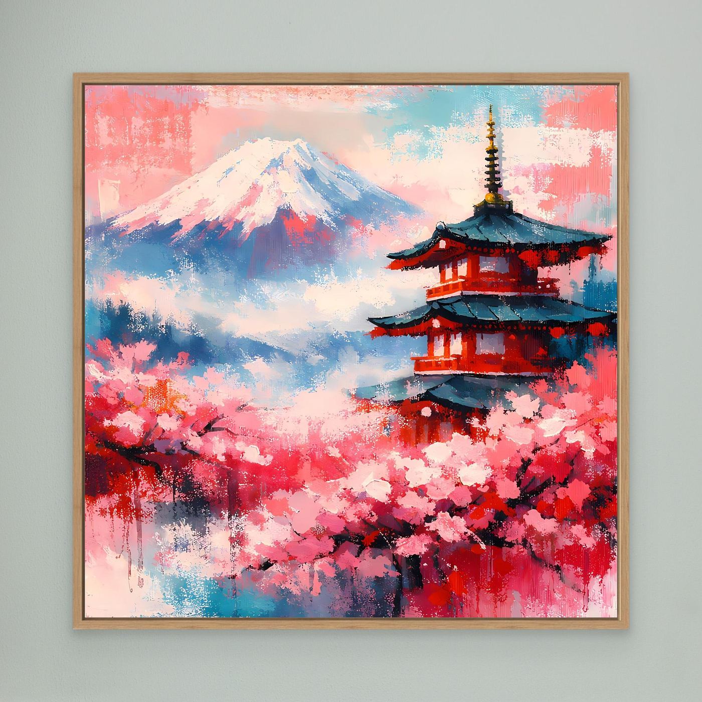 Leinwand-Wandbild mit Kirschblüten, Berg Fuji und Pagode im Eichenholzrahmen