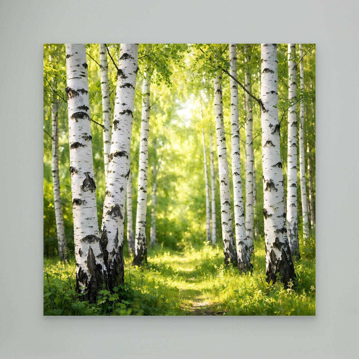 Leinwandbild Birkenwald im Sonnenlicht, grüne Wiese und helle Baumstämme ohne Rahmen