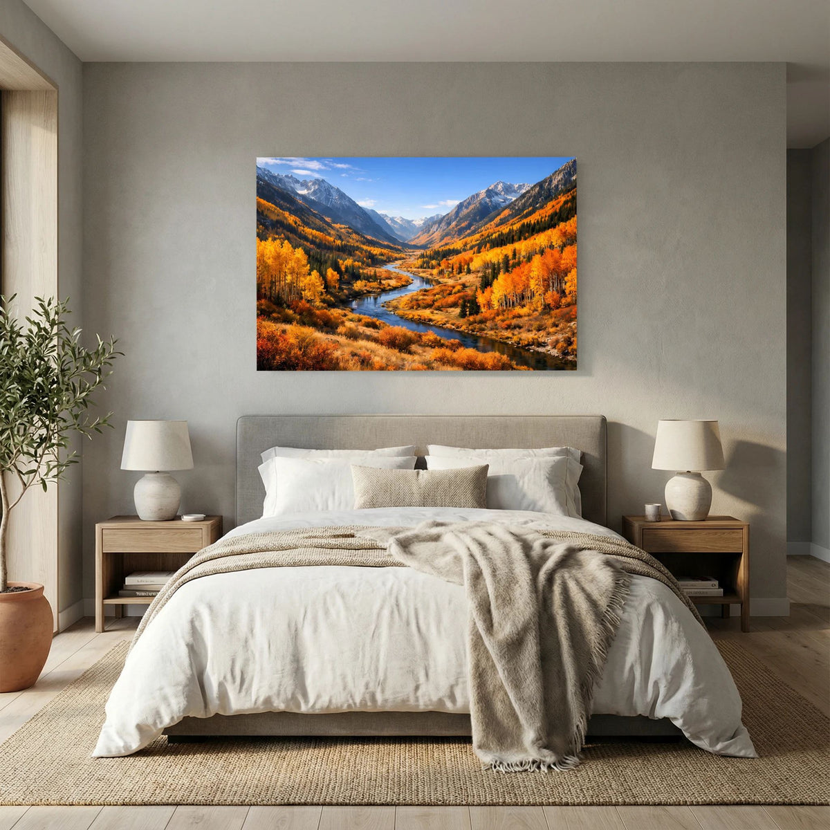 Wandposter querformat mit Herbstlandschaft: kurviger Fluss, Berge und goldene Vegetation