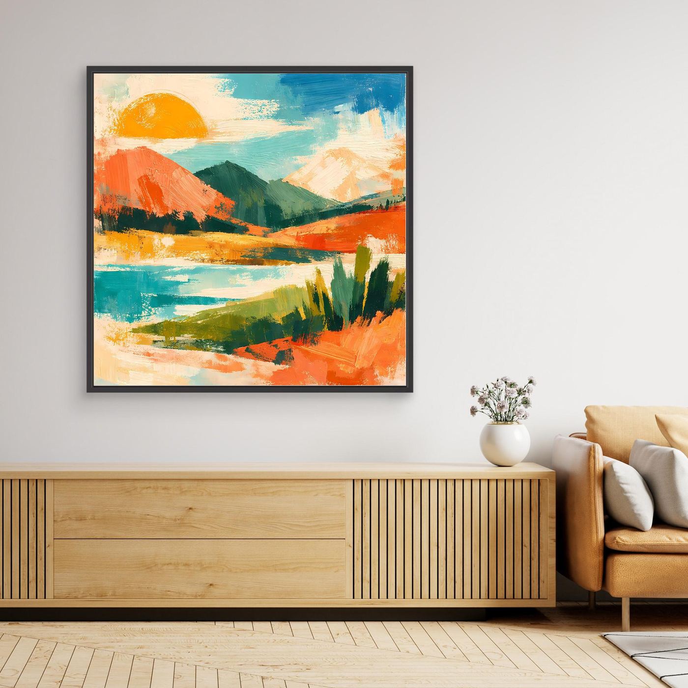 Wandbild mit abstrakter See- und Hügellandschaft in Orange, Blau und Grün, mit schwarzem Rahmen
