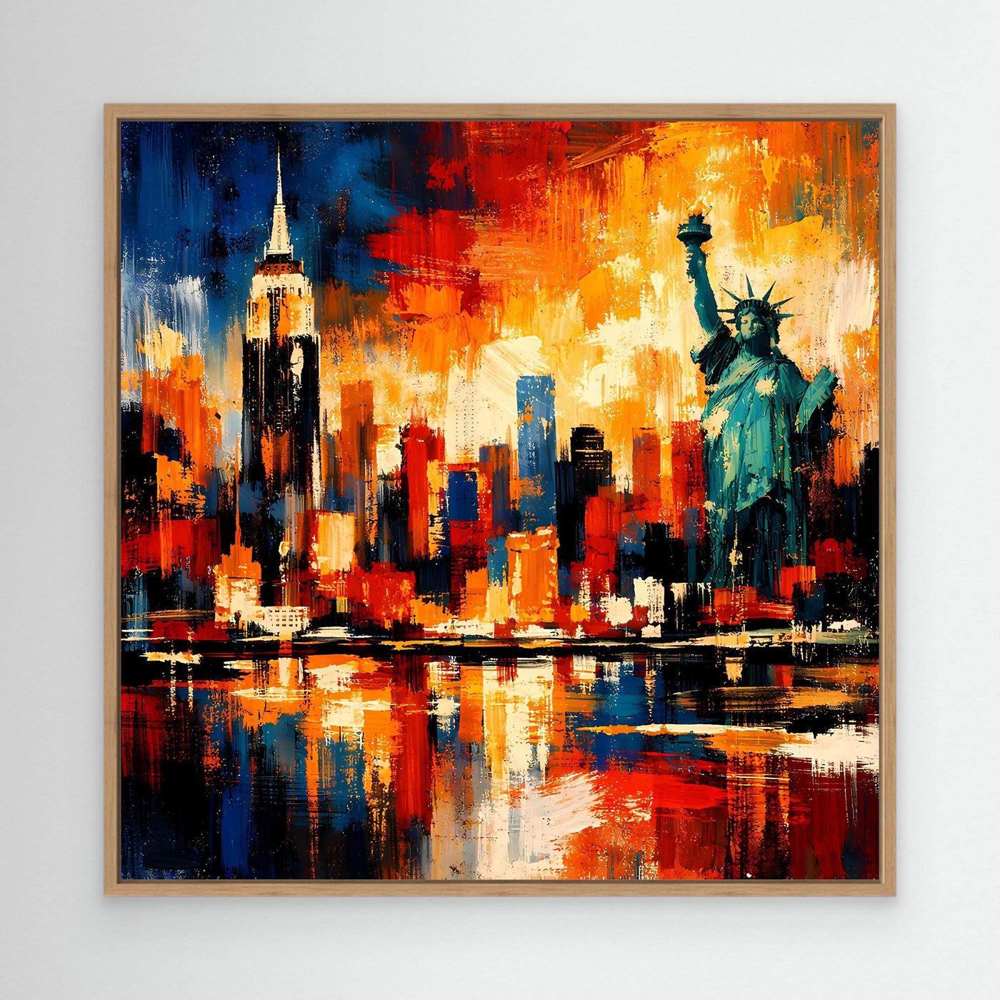 Leinwandbild abstrakte Skyline mit Freiheitsstatue im Eichenrahmen, rot-blau-gelb