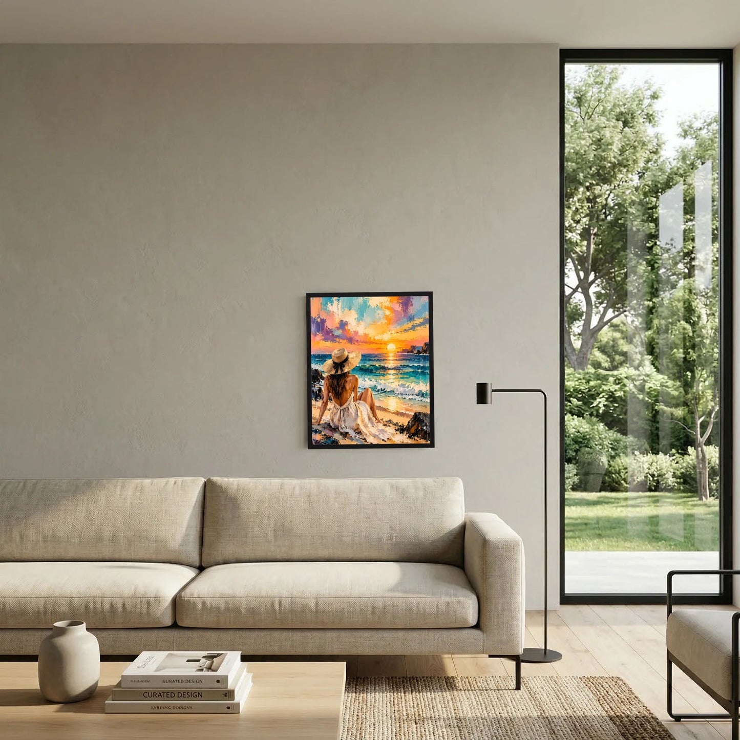 Gerahmtes Wandposter mit Strandfrau im Sonnenuntergang, türkis und orange
