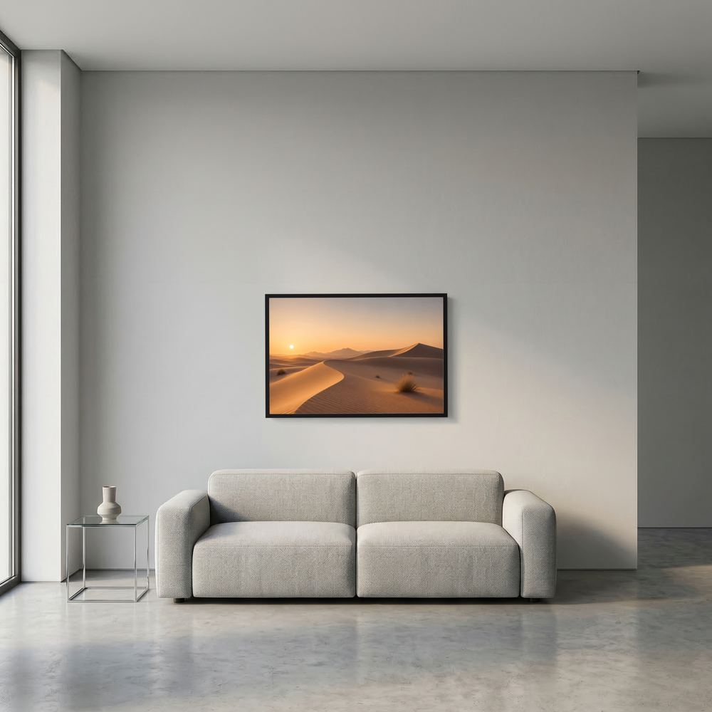 Wandbild mit Wüstenlandschaft: Dünen bei Sonnenuntergang, Querformat, schwarzer Rahmen