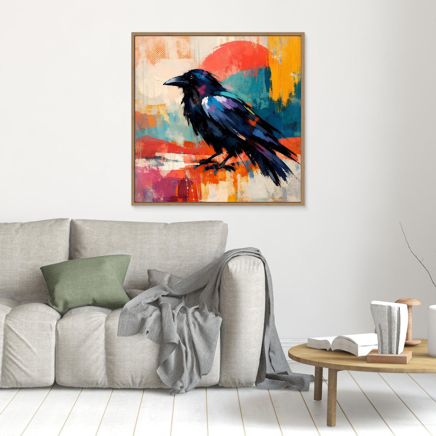 Framed canvas wall art: abstract black-and-blue bird on colorful paint splashes, wood frame
