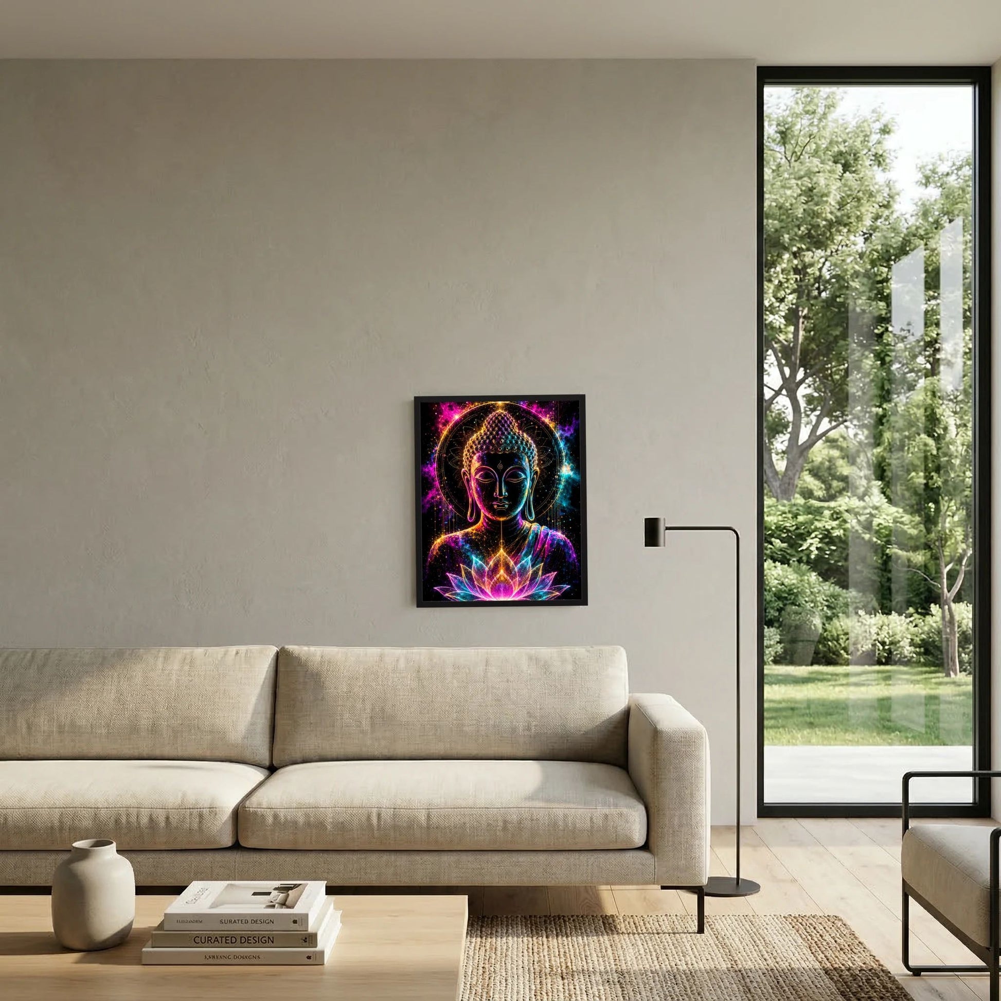 Neon-Kunstposter mit Buddha und Lotusblüte, Pink-Türkis-Gold, schwarze Einfassung